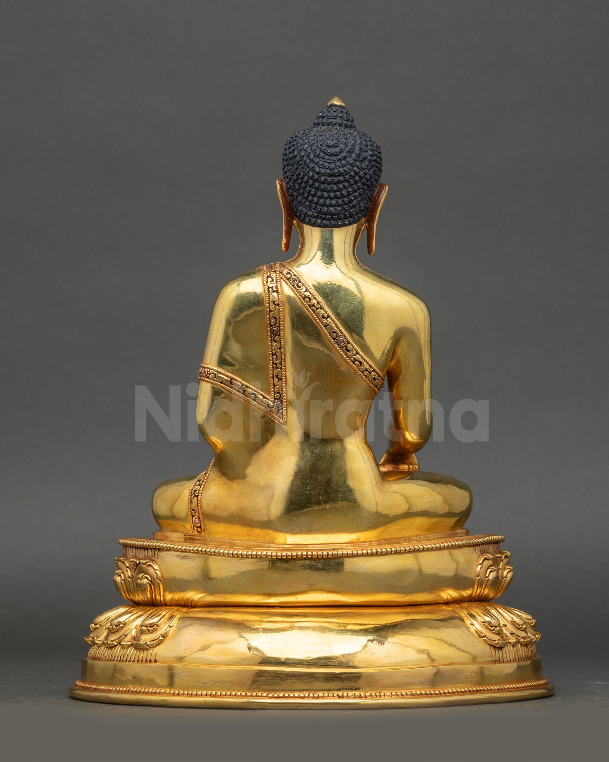 Shakyamuni Buddha back view handcrafted Nepalese meditation copper gold statue