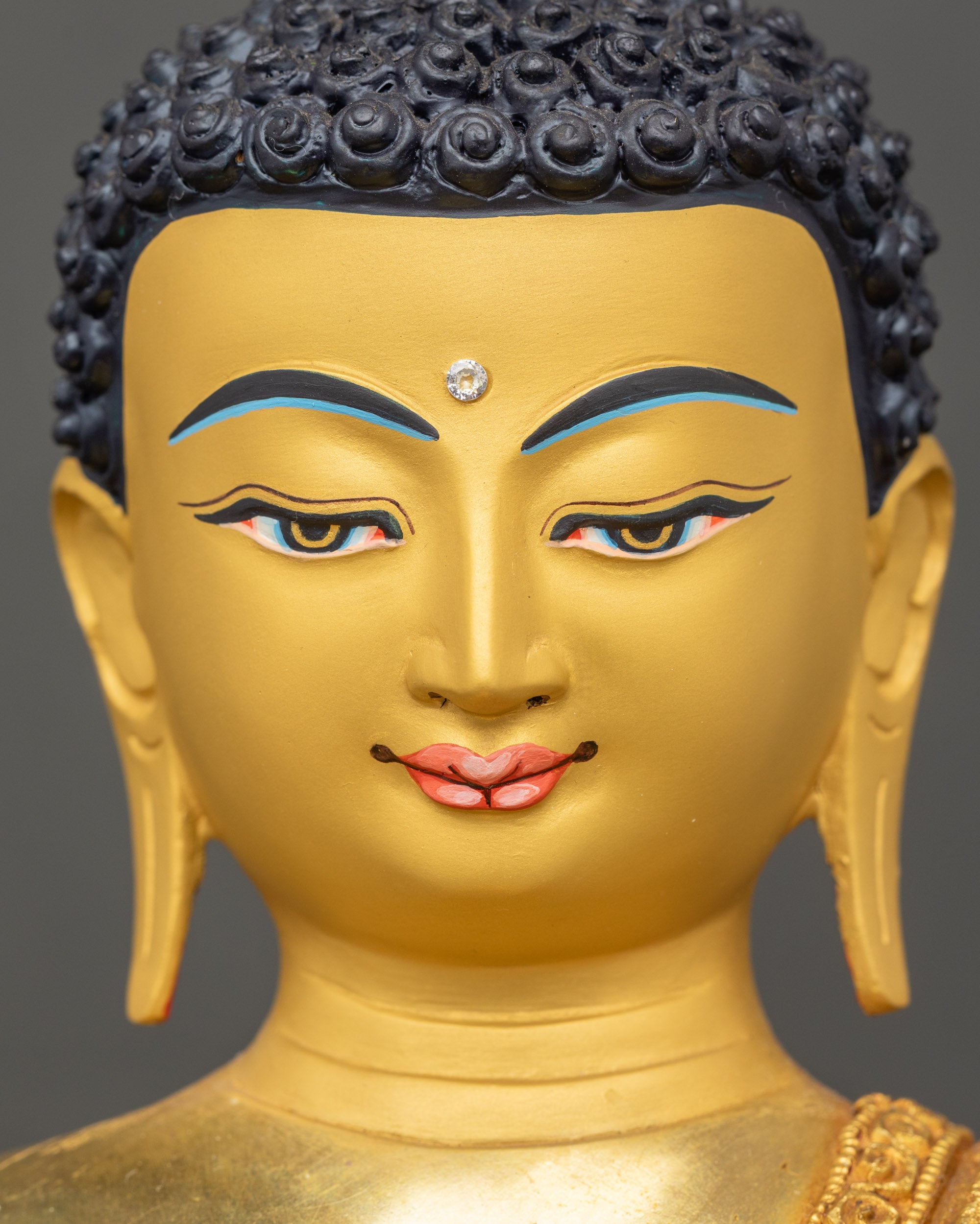 Shakyamuni Buddha detailed face gold-gilded copper spiritual statue