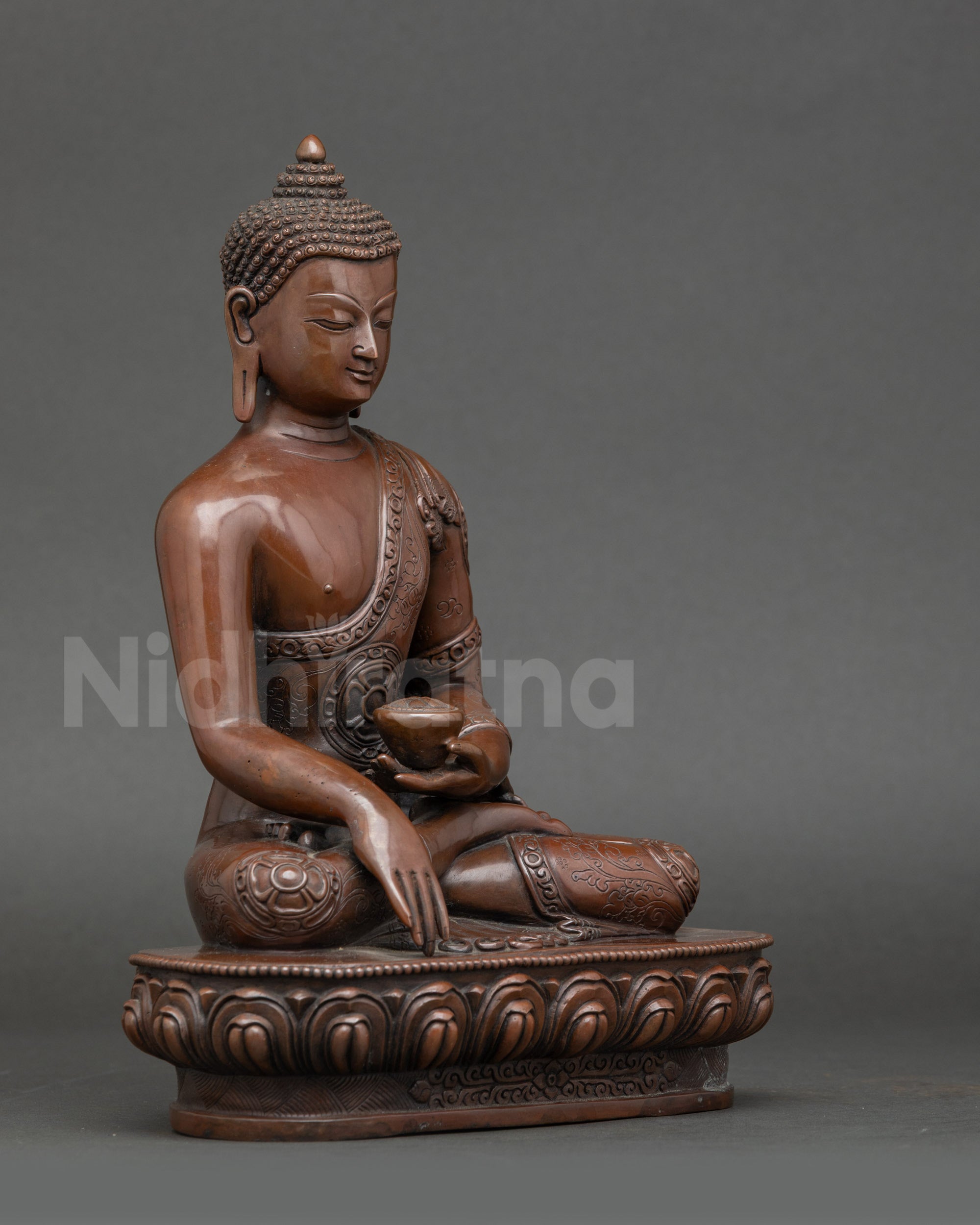 Shakyamuni Buddha seated Bhumisparsha Mudra Nepalese copper statue