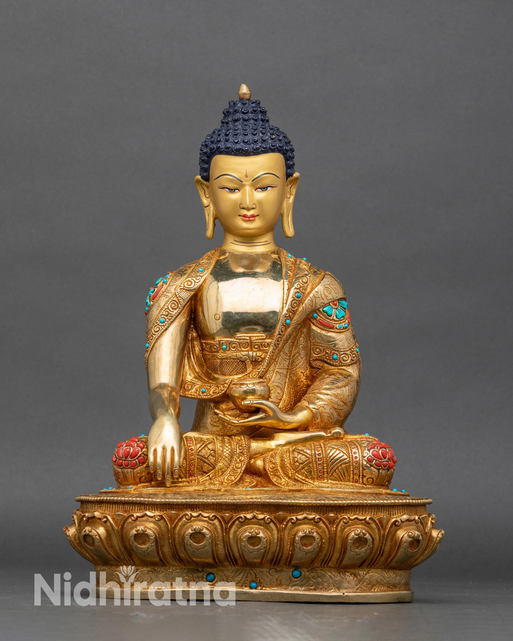 Shakyamuni Buddha statue Bhumisparsha mudra, 24k gold gilded copper Himalayan sculpture front view