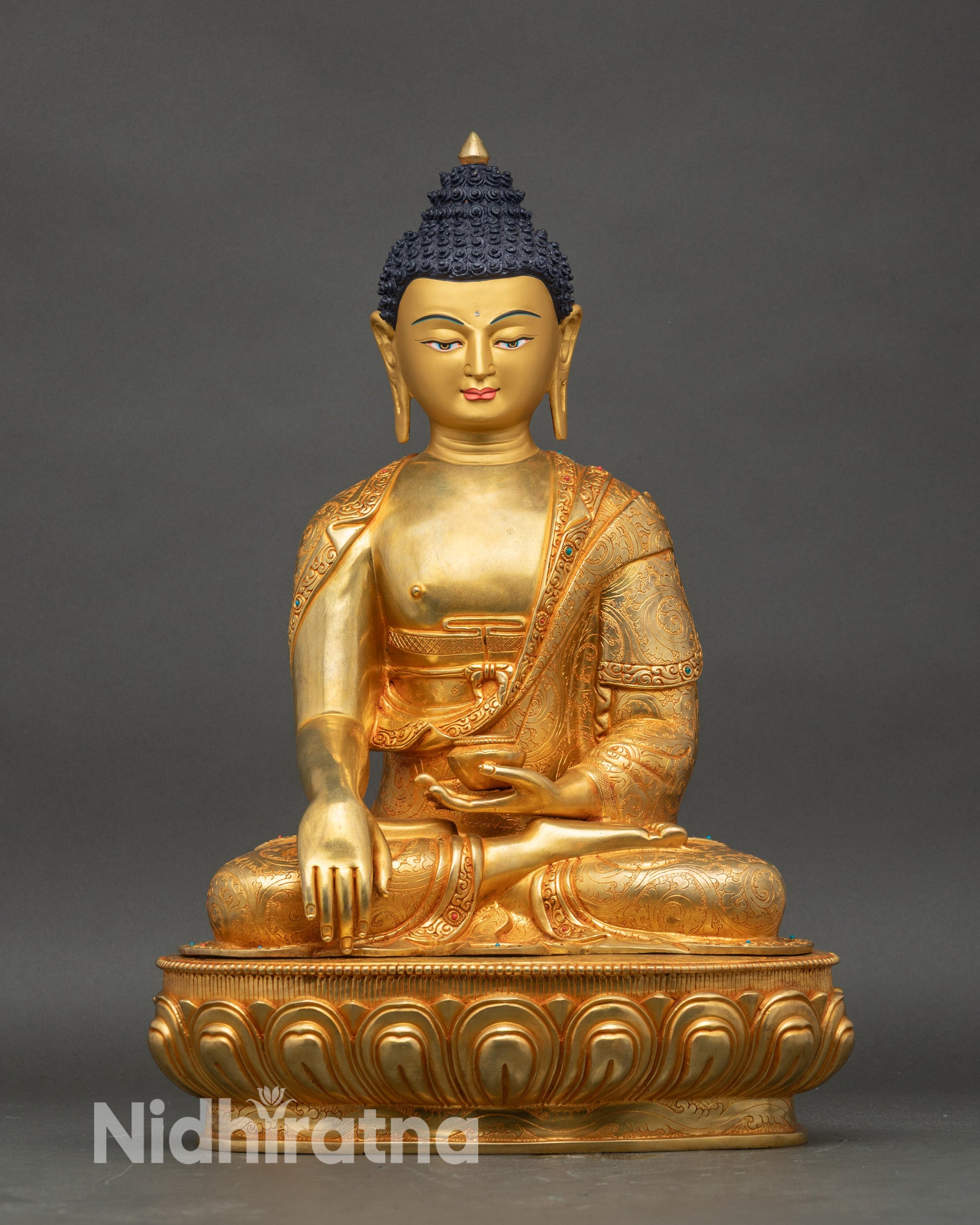 Shakyamuni Buddha statue earth touching mudra gold fire gilded copper Nepal