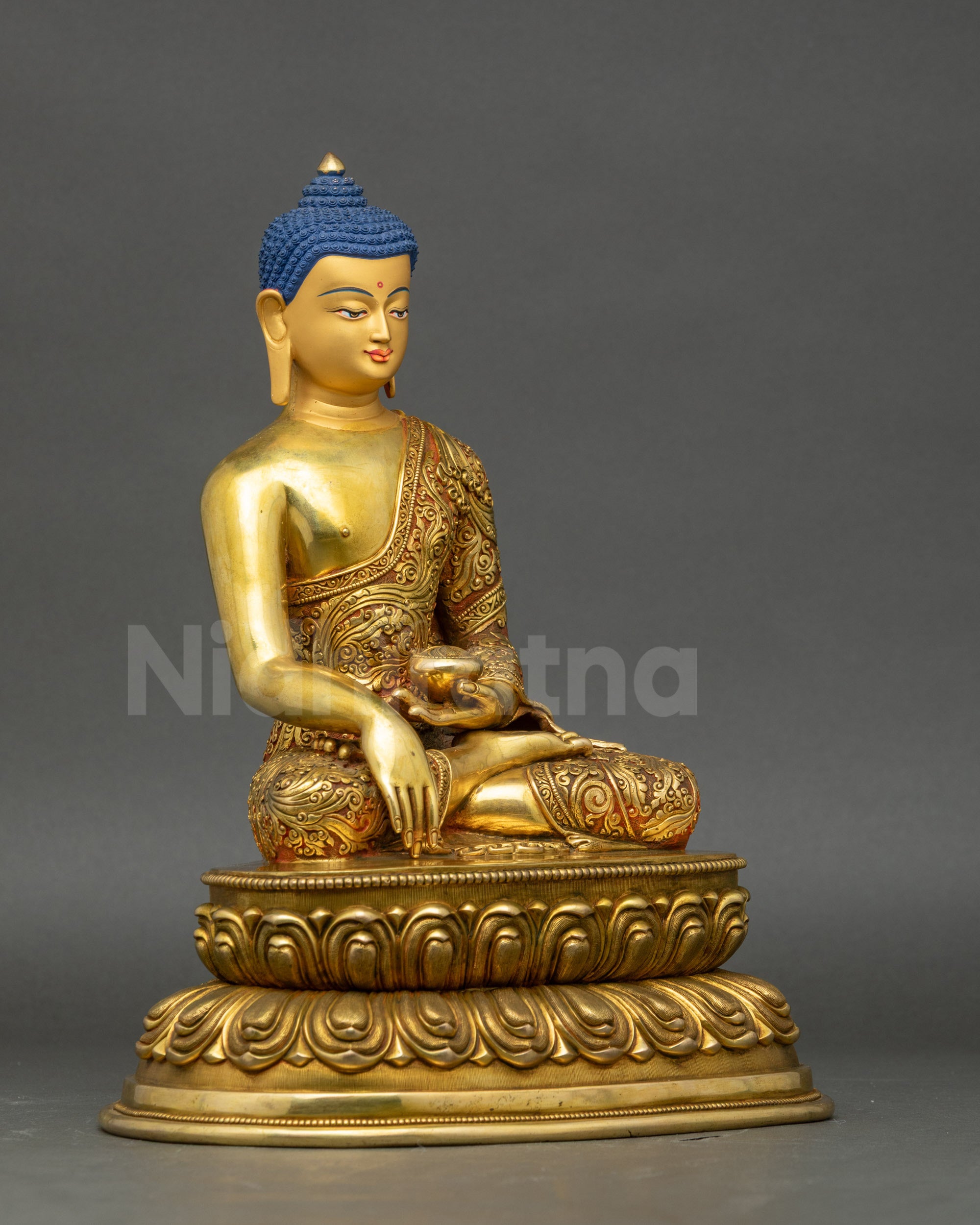 Shakyamuni Buddha statue gold fire-gilded left side lotus seat meditation