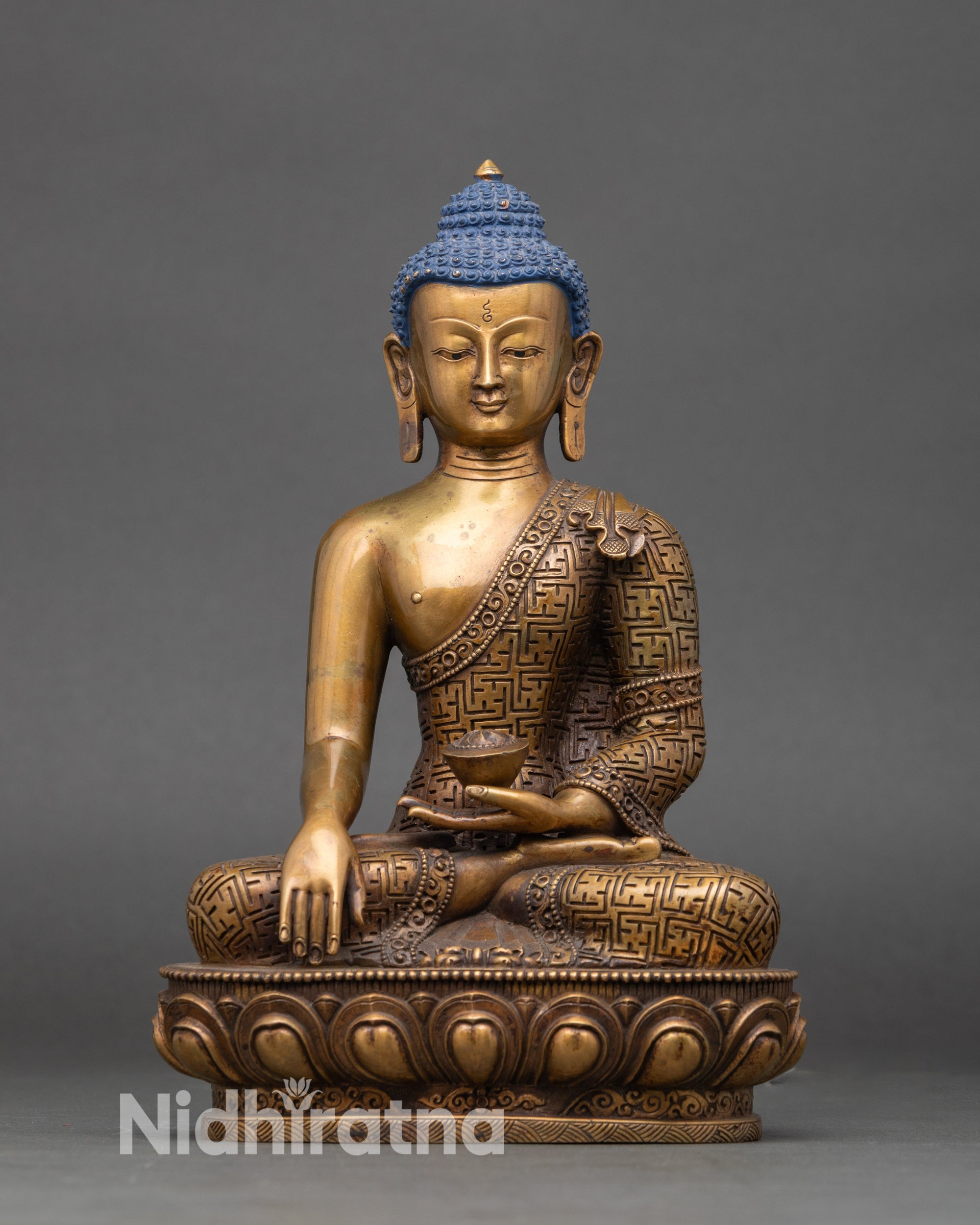 Shakyamuni Buddha statue handcrafted in Nepal with antique copper finish, full view