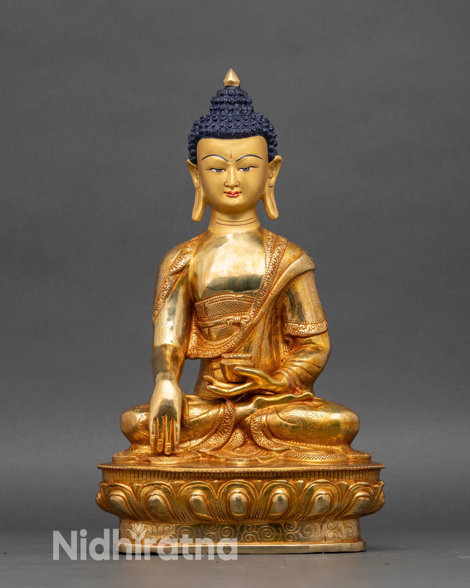 Shakyamuni Buddha statue in earth-touching mudra, handcrafted copper meditation sculpture