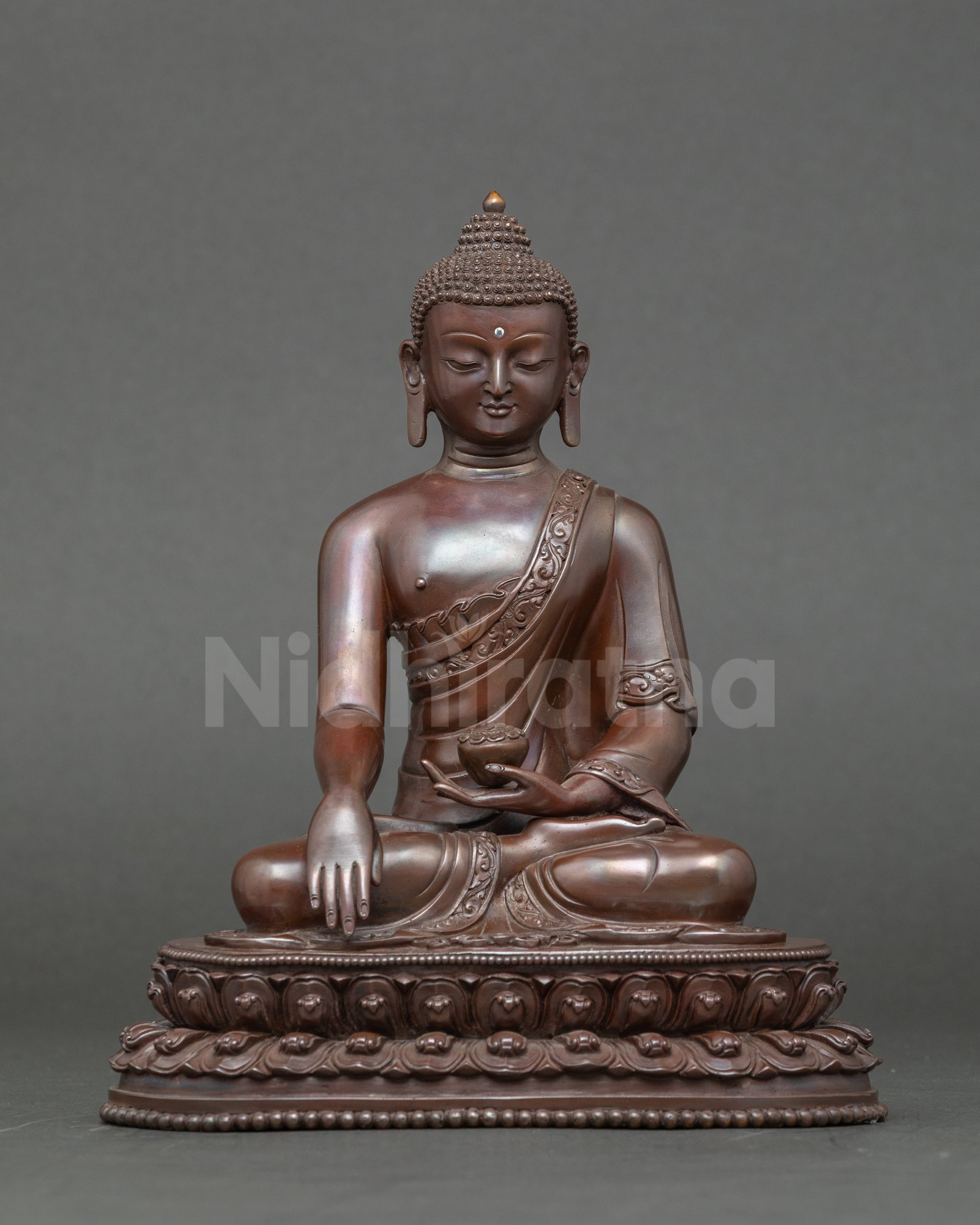Shakyamuni Buddha statue seated on double lotus, handcrafted Nepalese meditation sculpture