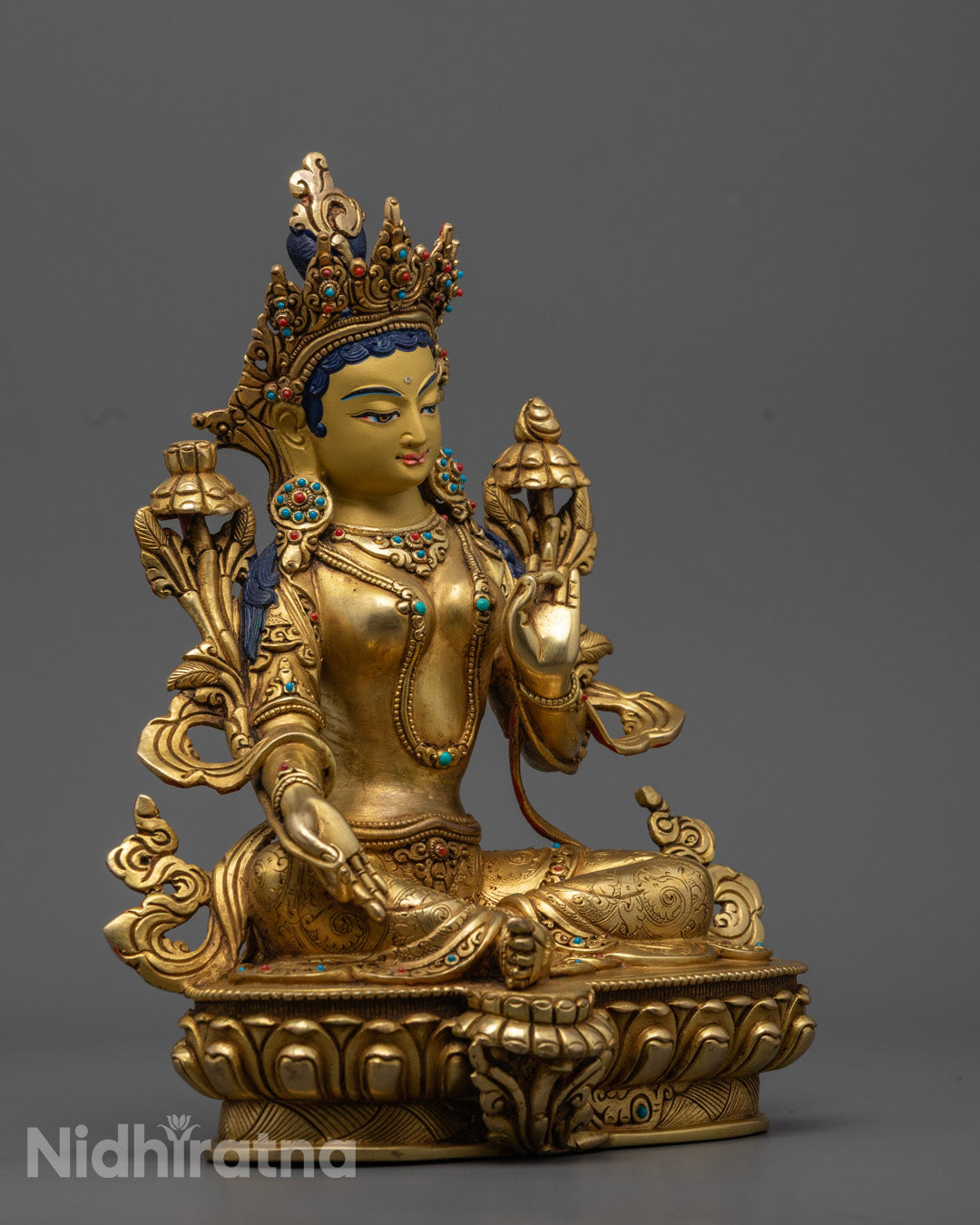 Shop Tibetan Green Tara Statue – 24k Gold-Gilded & Semi-Precious Stones