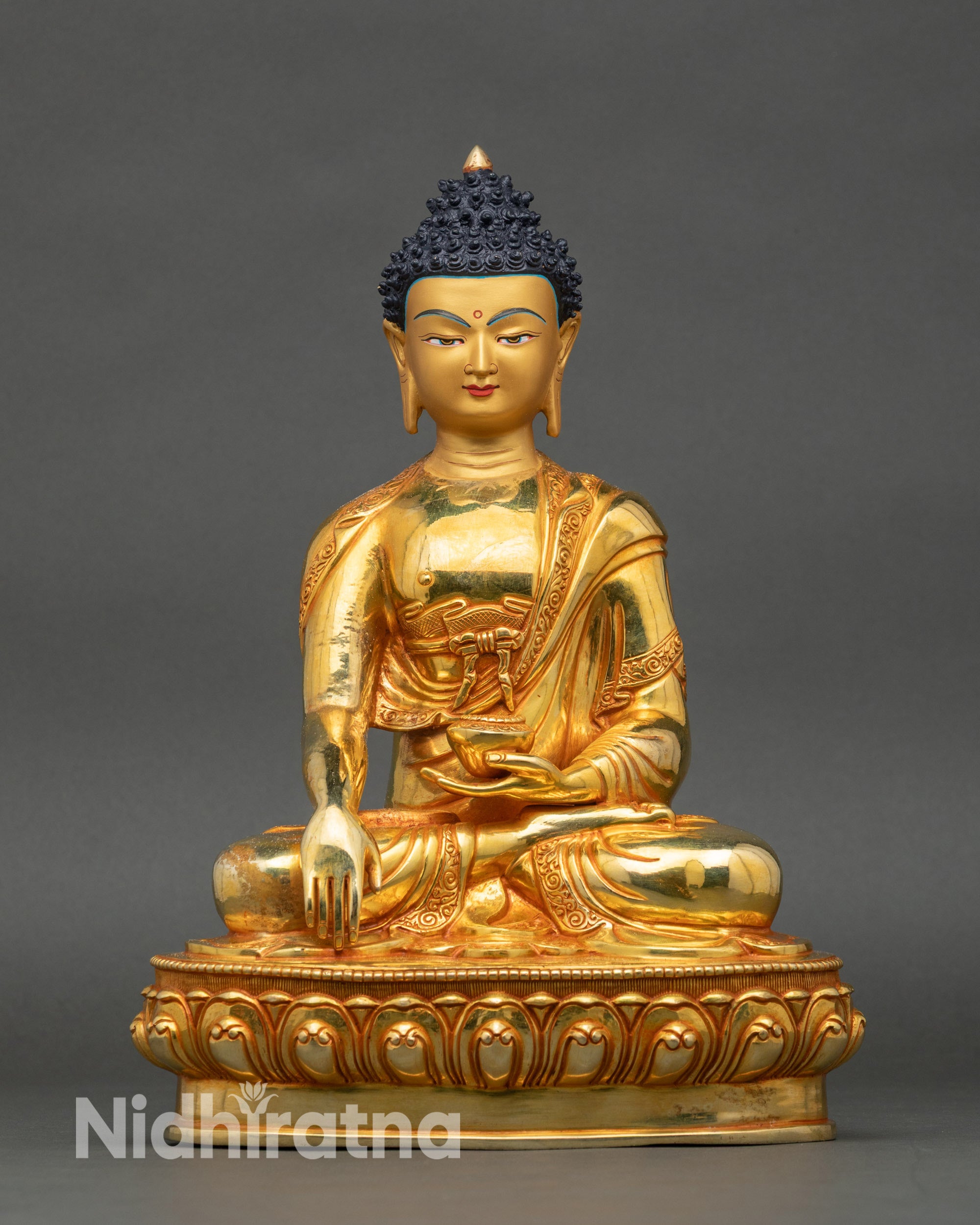 Siddhartha Gautama Buddha statue seated on lotus, handcrafted copper with gold fire-gilding
