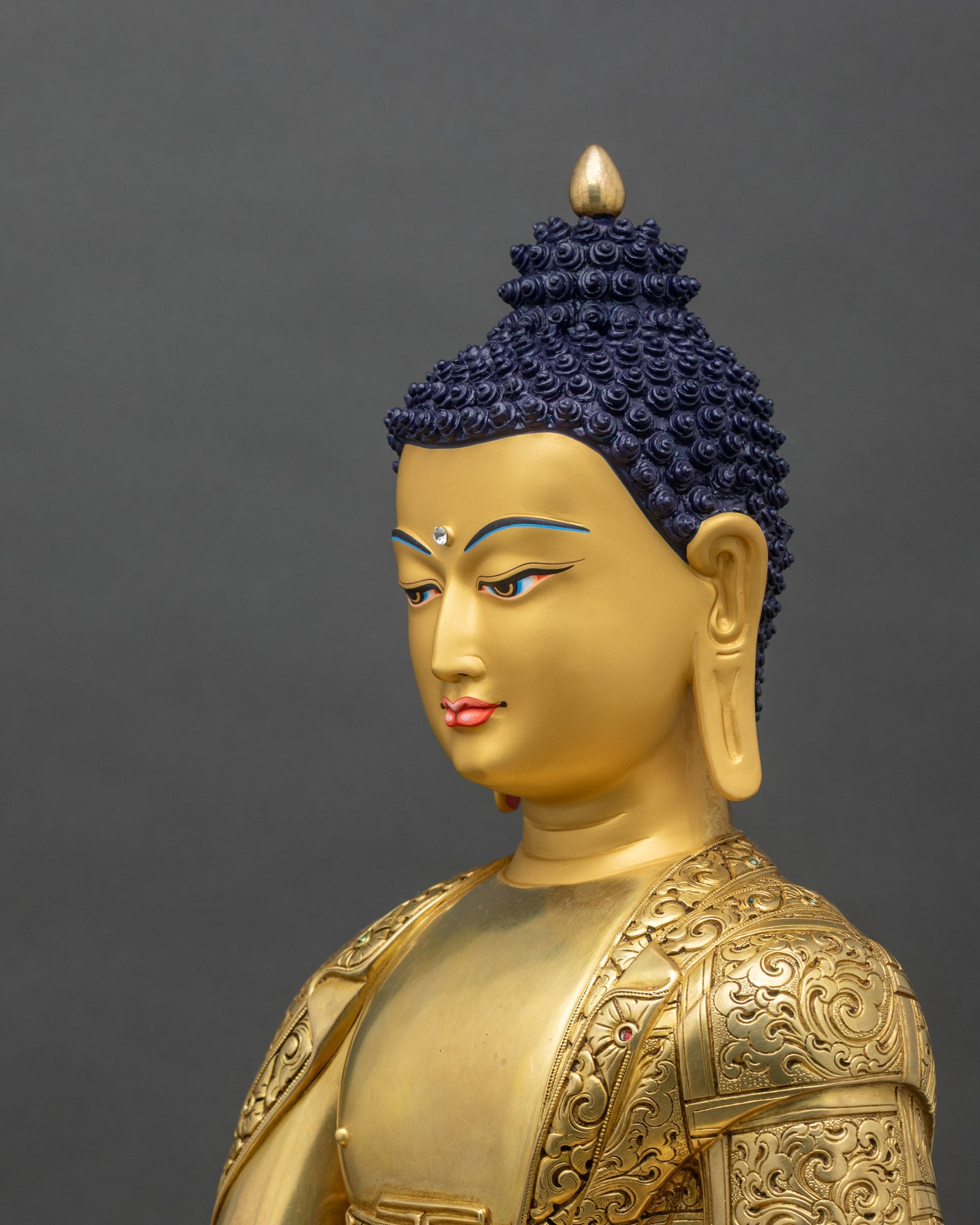 Side close-up of Shakyamuni Buddha figurine, Bhumisparsha Mudra and lotus pedestal view