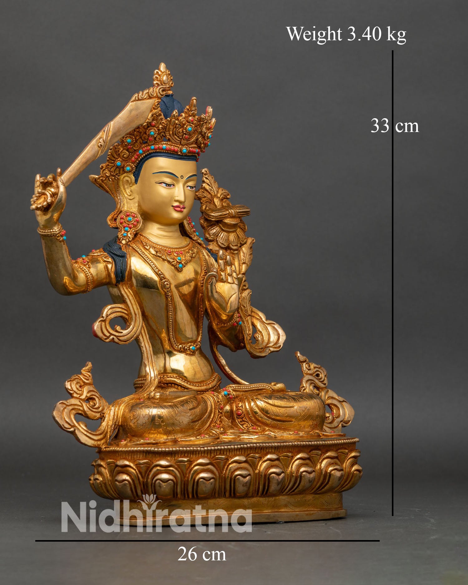 Side view of Bodhisattva Manjushri holding flaming sword and scripture Tibetan Buddhist art