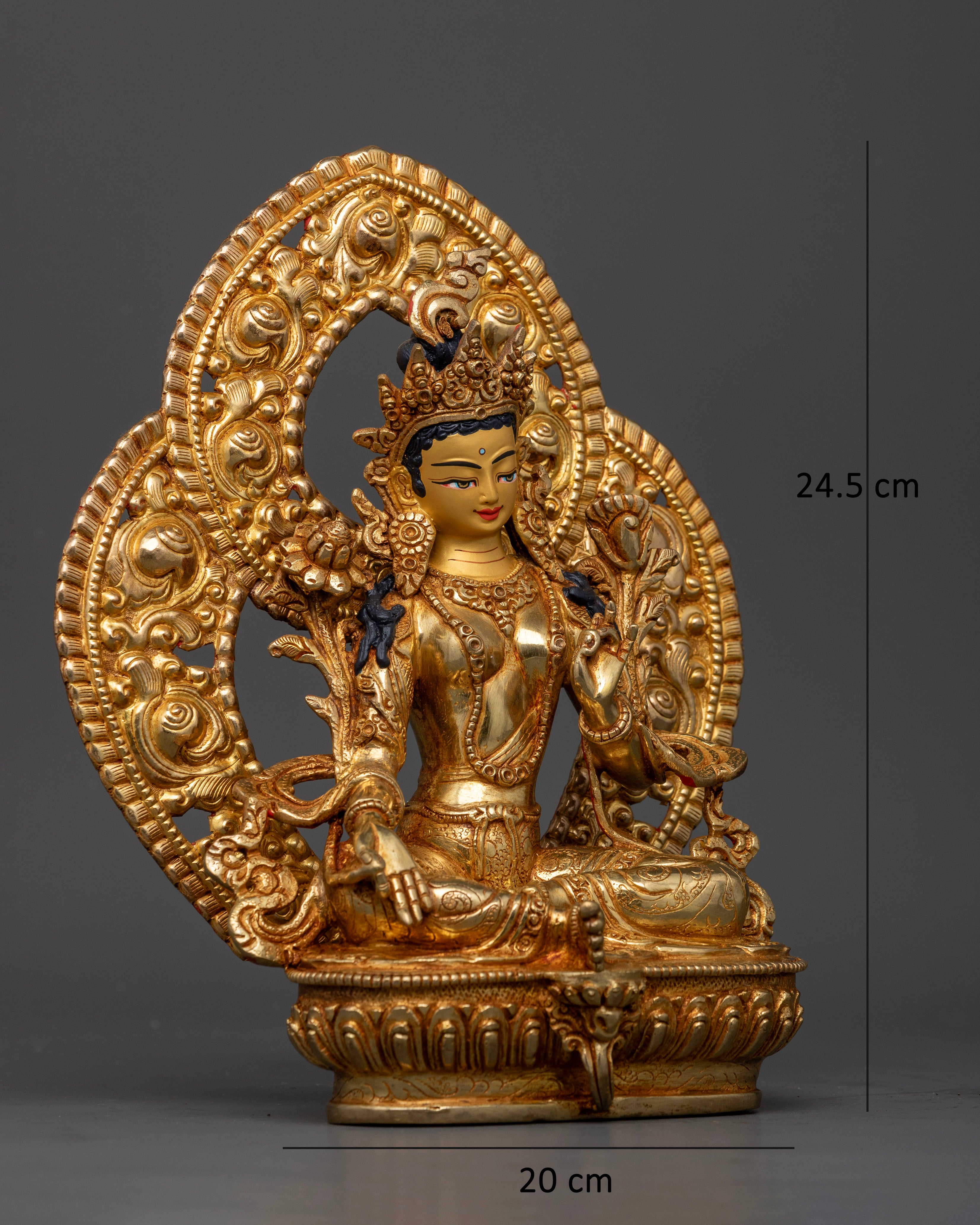 Side view of Green Tara statue Varada Mudra Abhaya Mudra lotus flowers meditation altar decor
