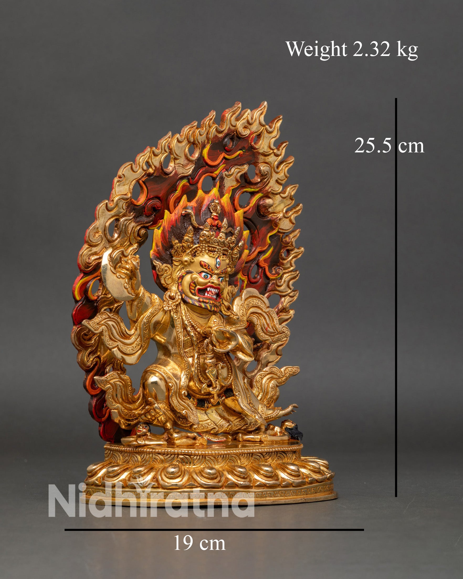 Side view of Mahakala Bernagchen statue guardian deity copper gold-gilded meditation altar