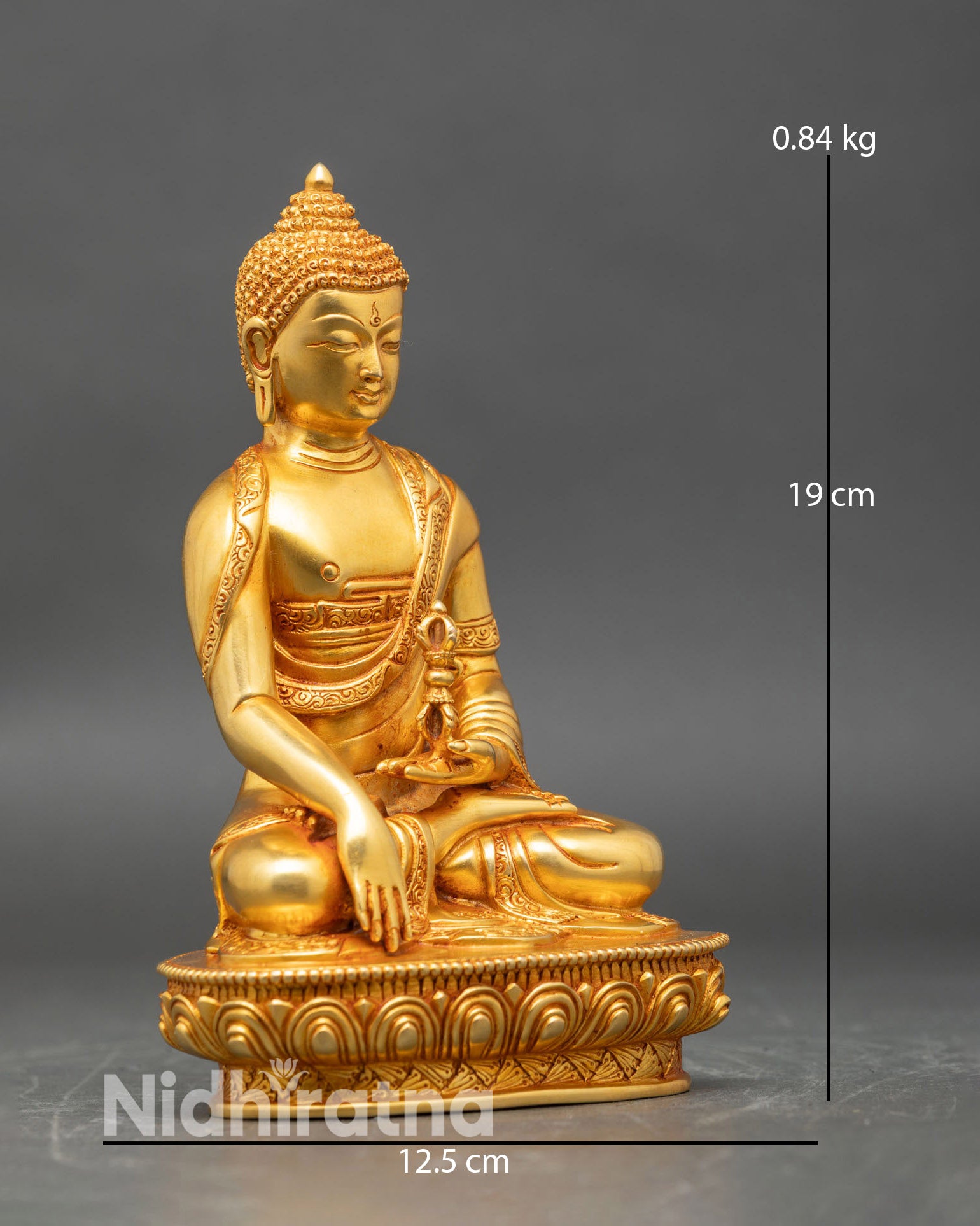 Side view of Mitrugpa statue, Bhumisparsha Mudra seated on lotus base Nepalese sculpture