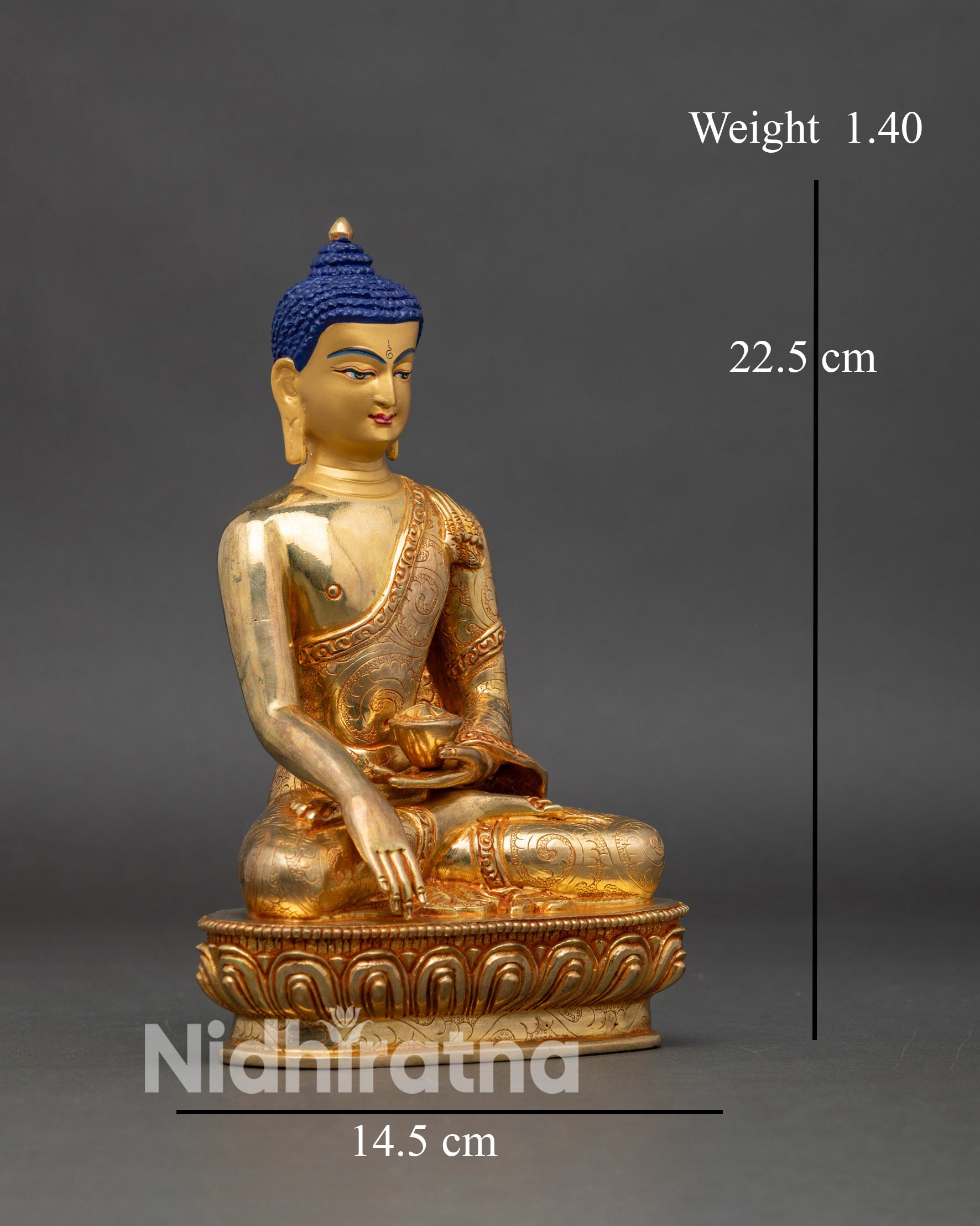 Side view Shakyamuni Buddha statue, seated lotus posture for mindfulness and spiritual growth