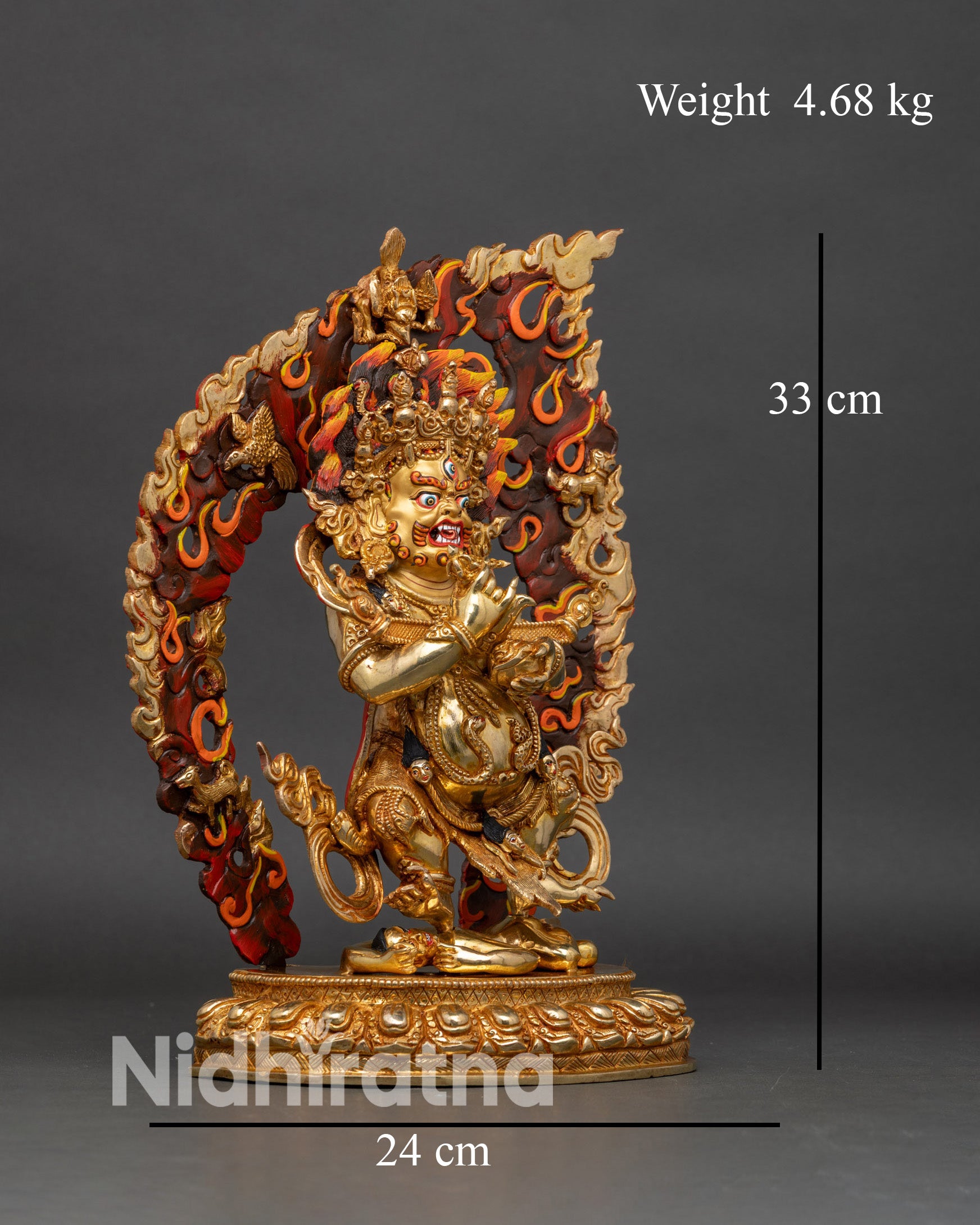 Side view Wrathful Sakya Mahakala statue lotus seat flaming halo guardian