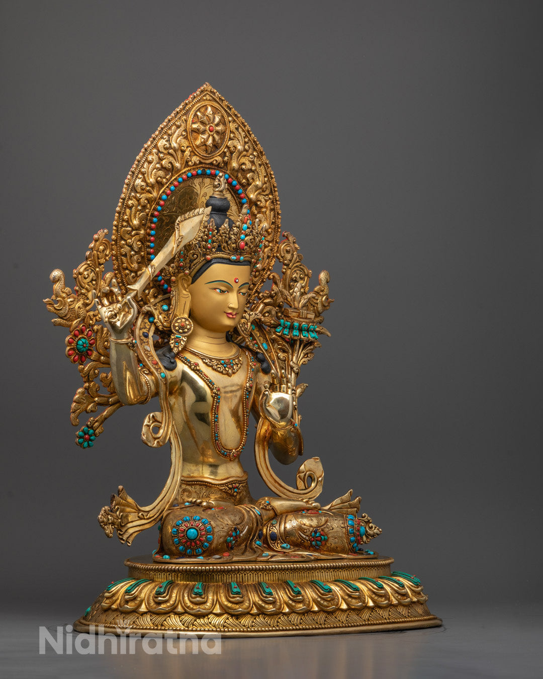 Side Angle Manjushri Bodhisattva Statue Showing Sword, Utpala Flower and Detailed Crown