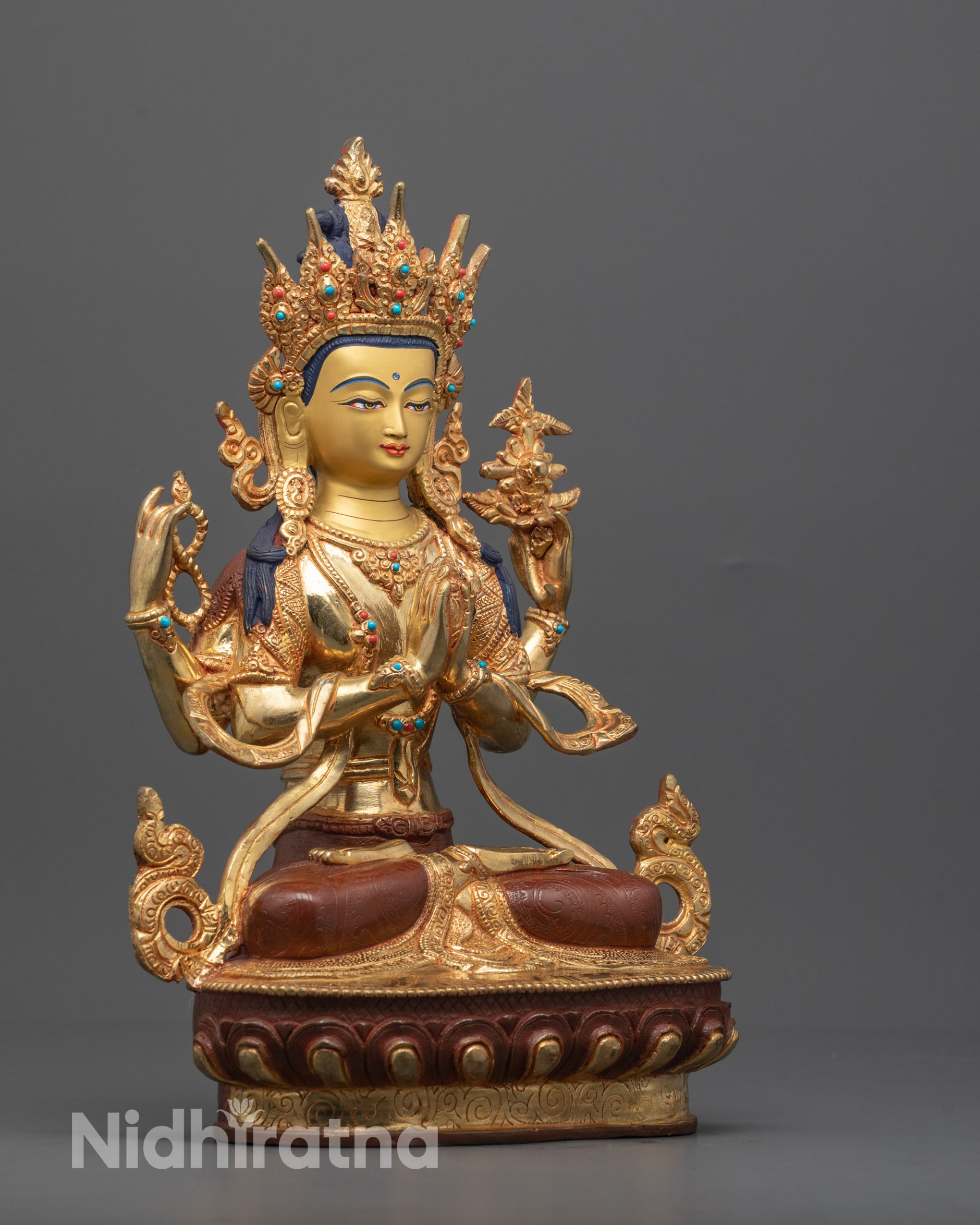 Side Angle of Copper Chenrezig Statue Highlighting Intricate Carvings