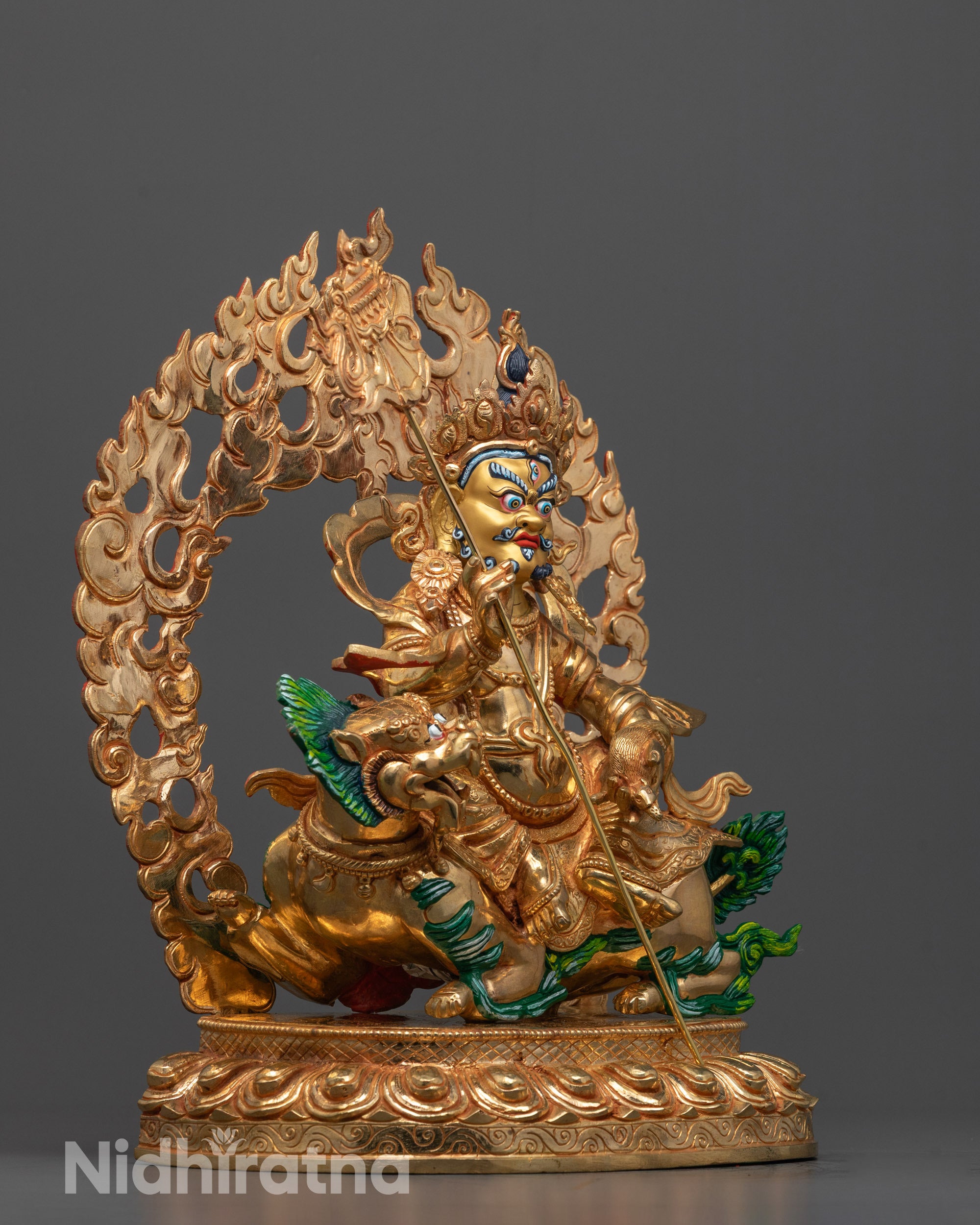Side Angle of Gilded Namtoshe Statue with Fierce Halo