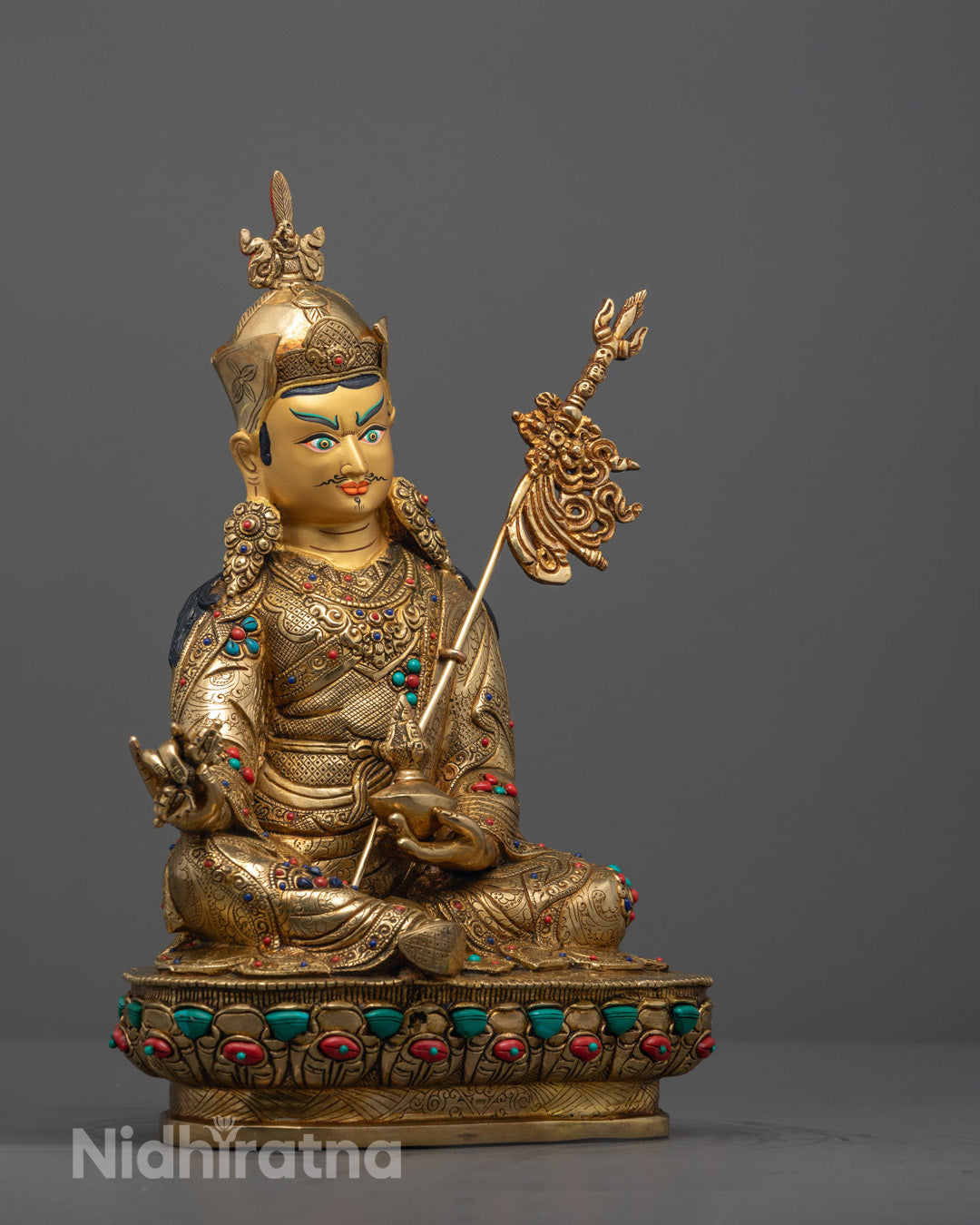 Side Angle of Guru Rinpoche Statue Showing 3D Carving and Gold Finish
