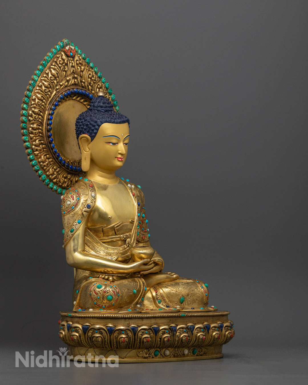 Side Angle of 24k Gold Gilded Amitabha Buddha Statue Crafted with Lost Wax Method