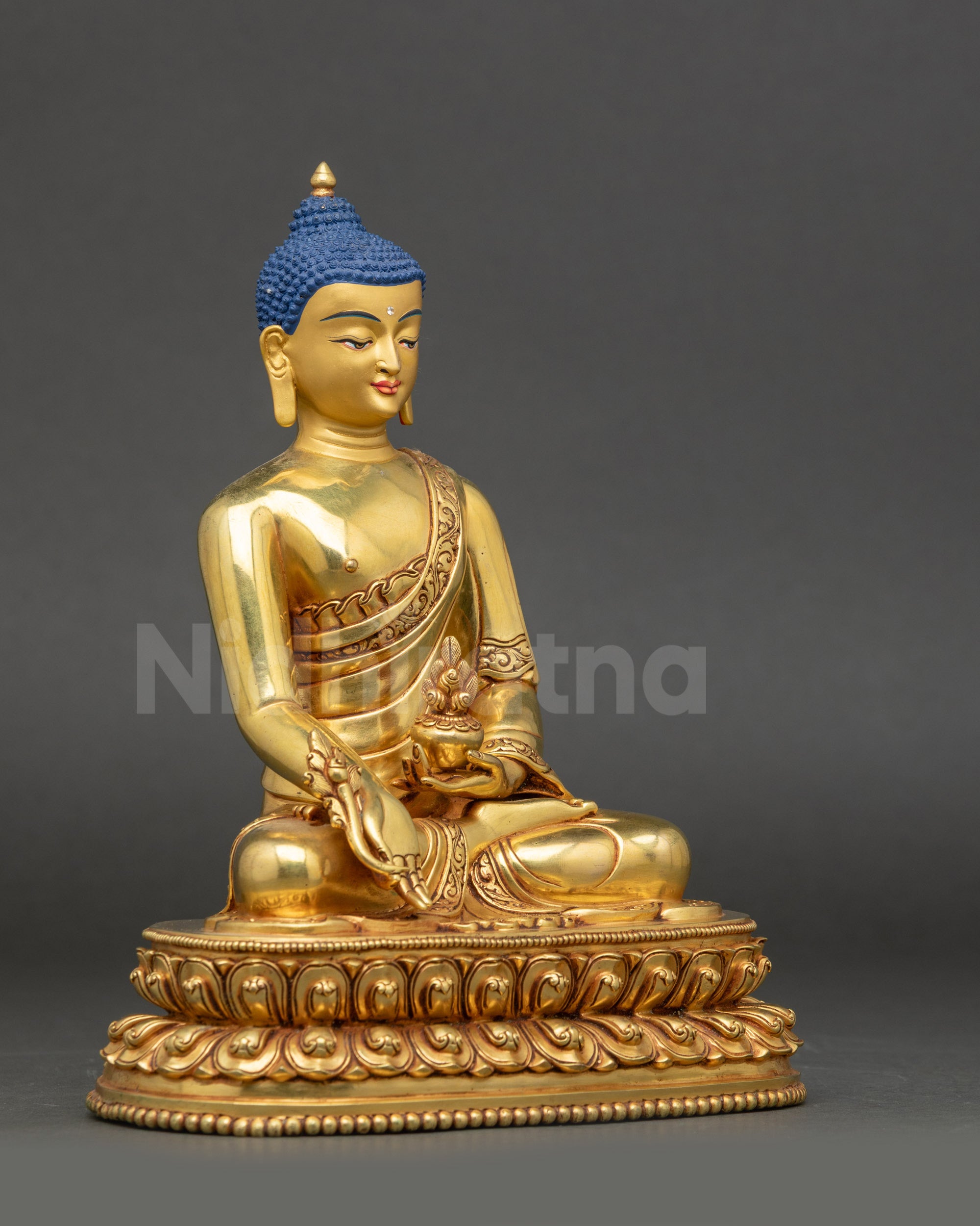 Side profile of Nepalese Medicine Buddha on double-layer lotus pedestal, detailed carvings