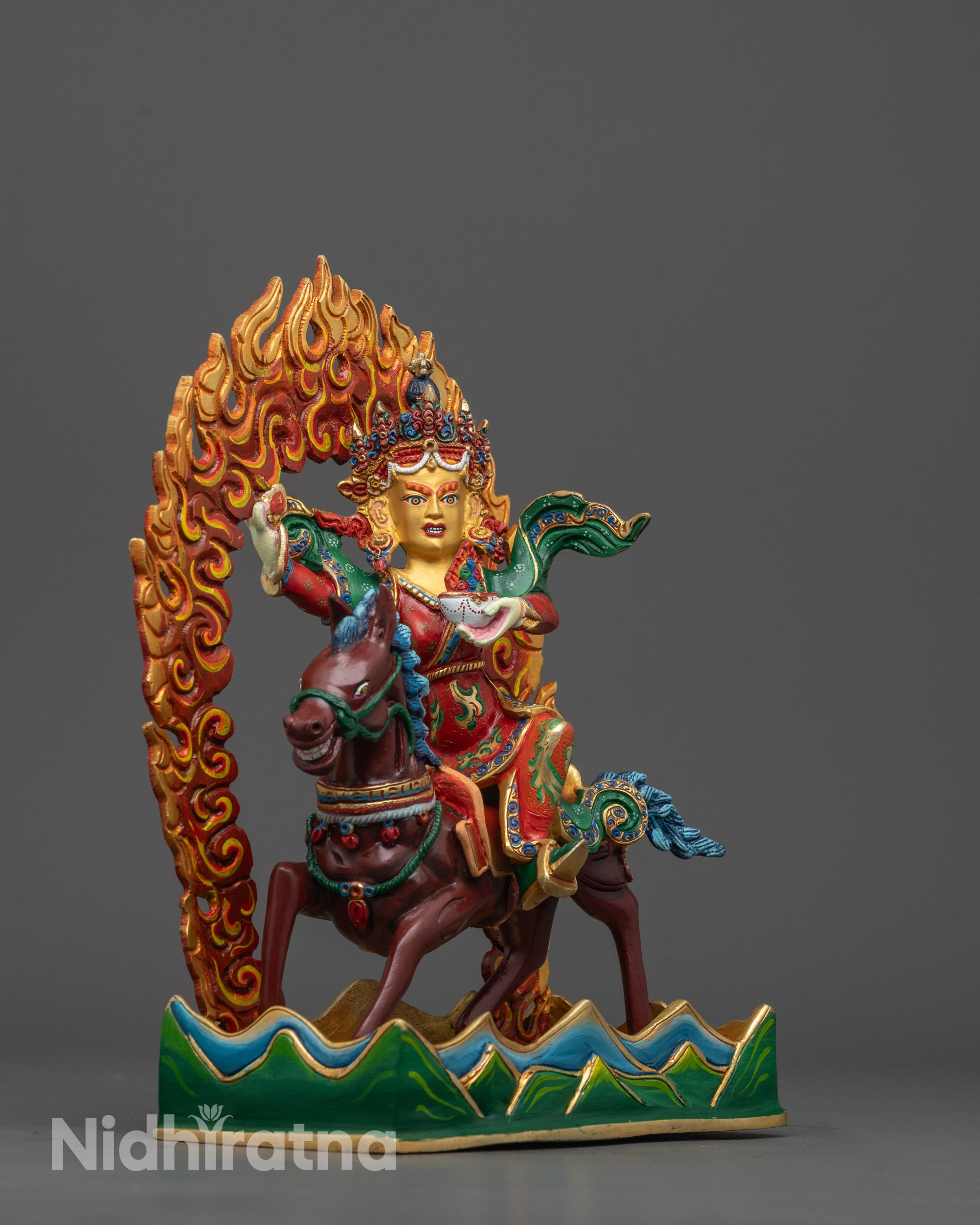 Side View of Achi Chokyi Drolma Statue Riding a Colorful Horse