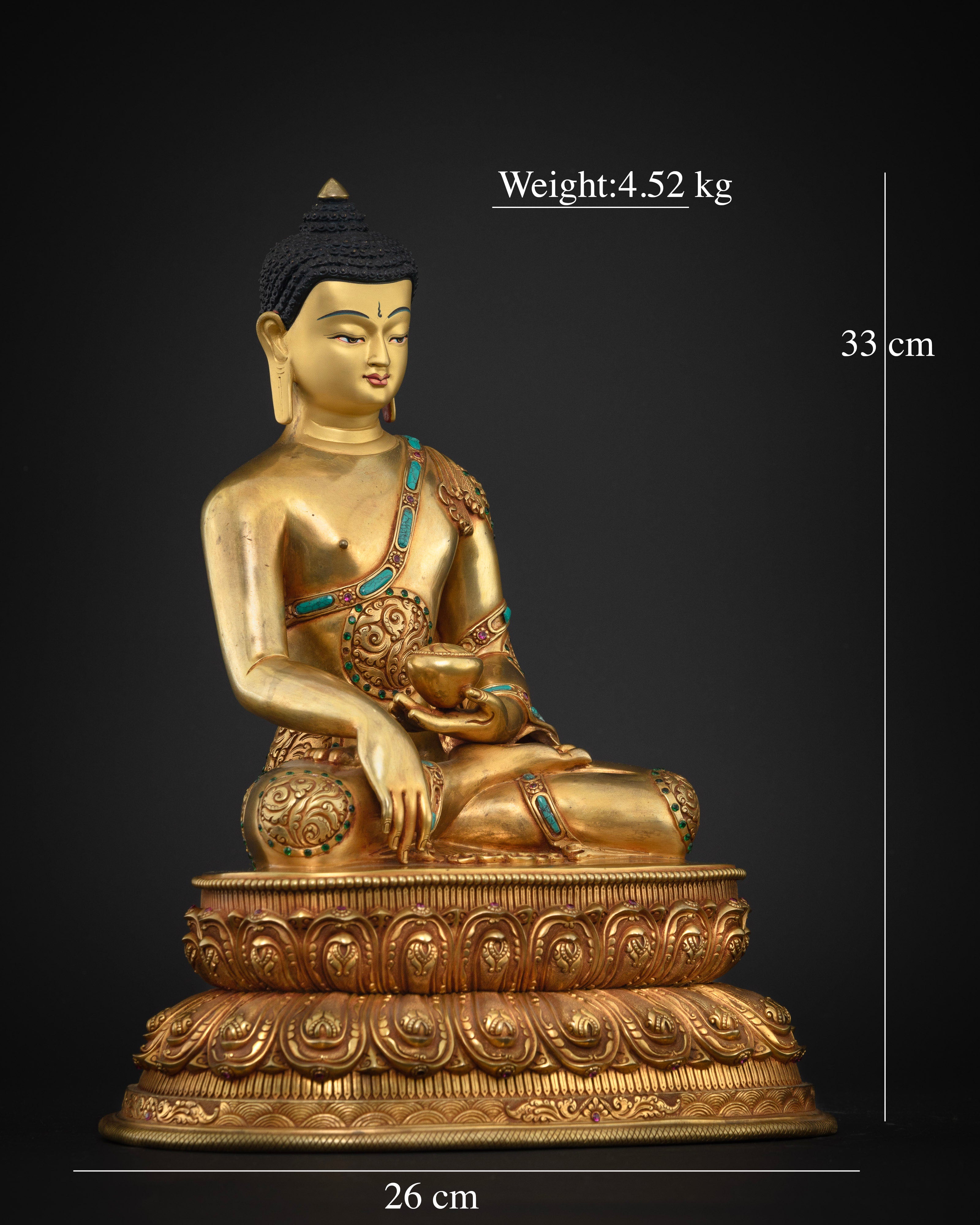 Side View of Copper Buddha Sculpture with 24k Gold Face and Intricate Detailing