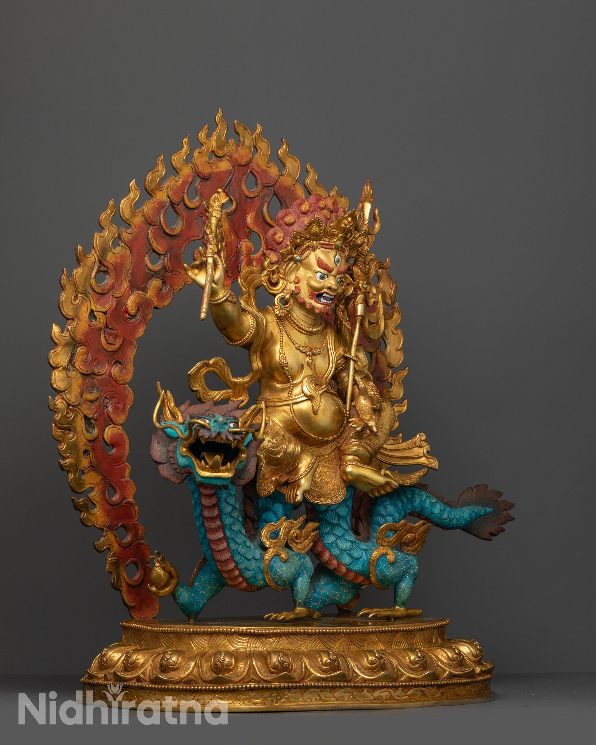 Side View of White Dzambhala on Mythical Dragon | Fire-Gilded Tibetan Wealth Deity