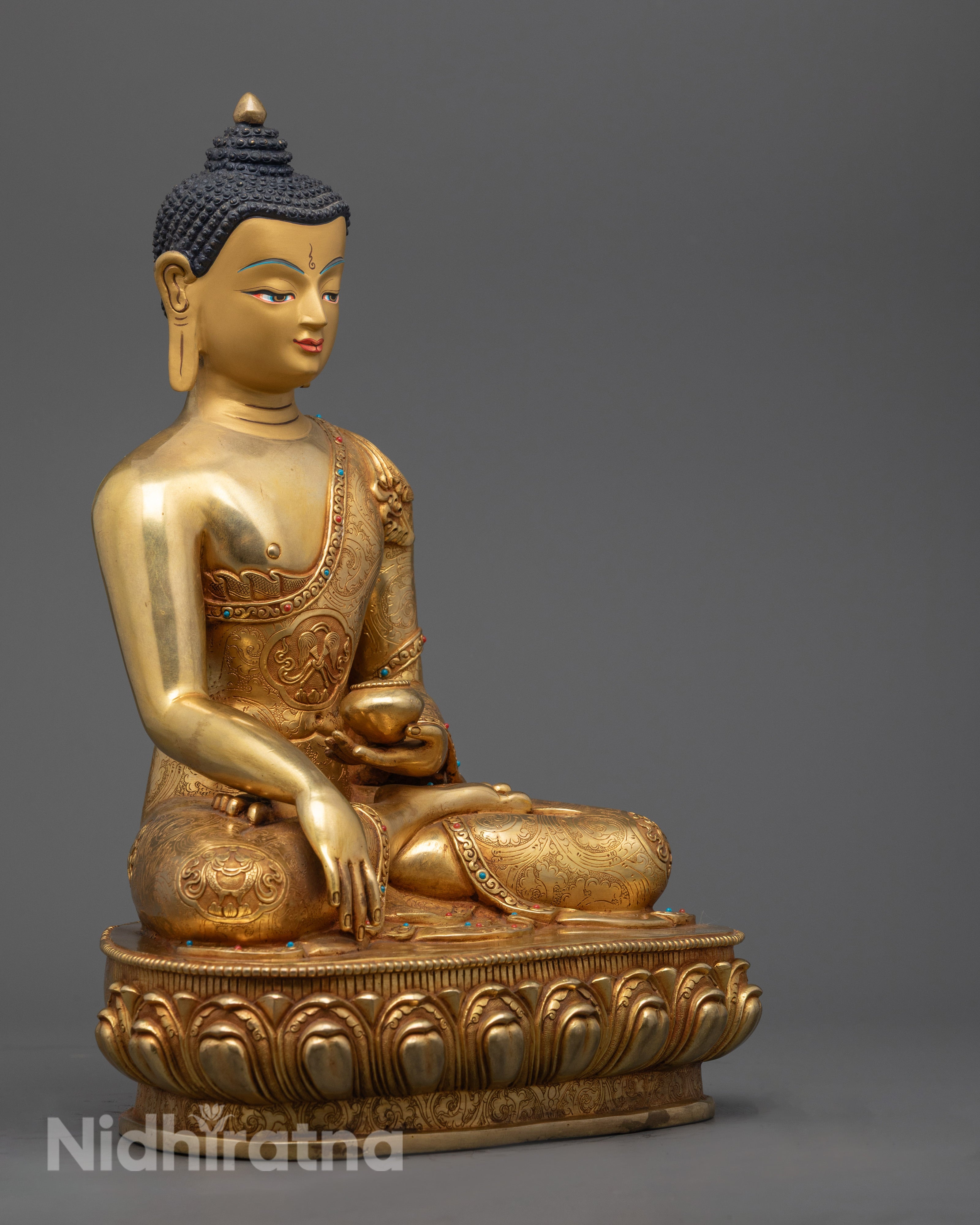 Side angle of Shakyamuni Buddha Statue highlighting the flowing robe design, hand-carved lotus throne, and fine craftsmanship.