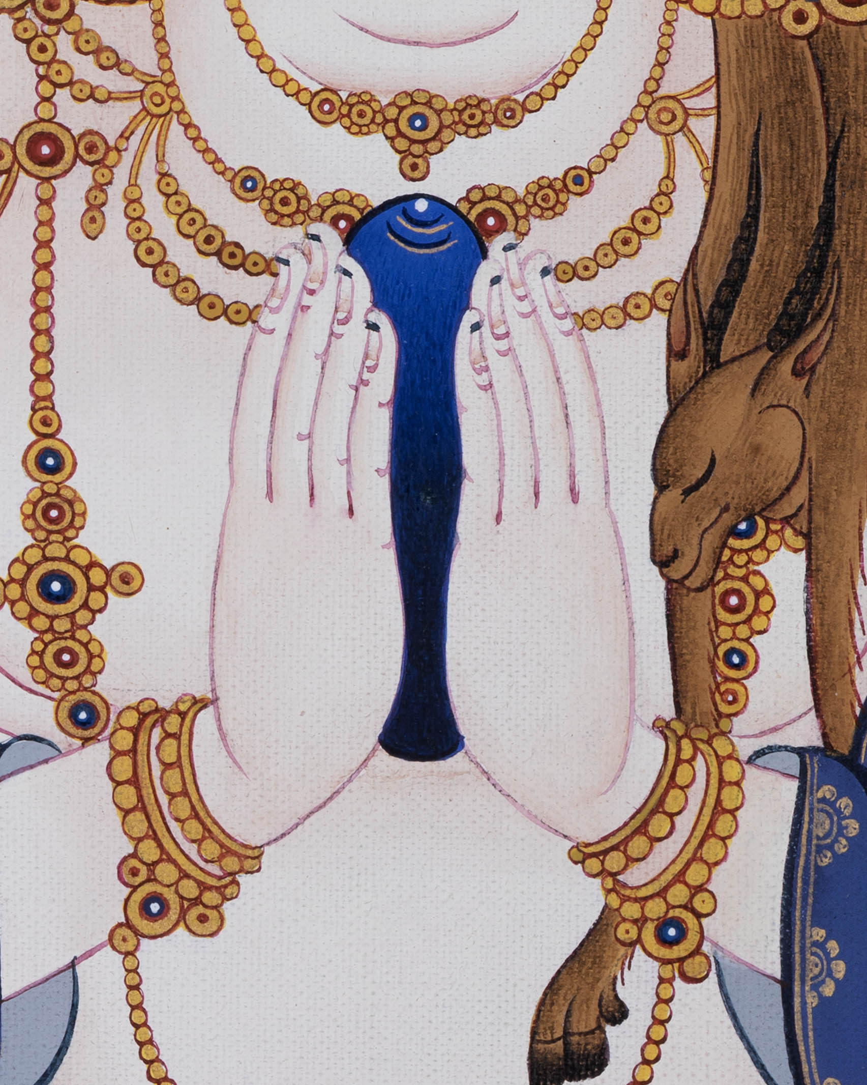 Side angle of Chenrezig Thangka print highlighting wish-fulfilling gem and detailed artwork