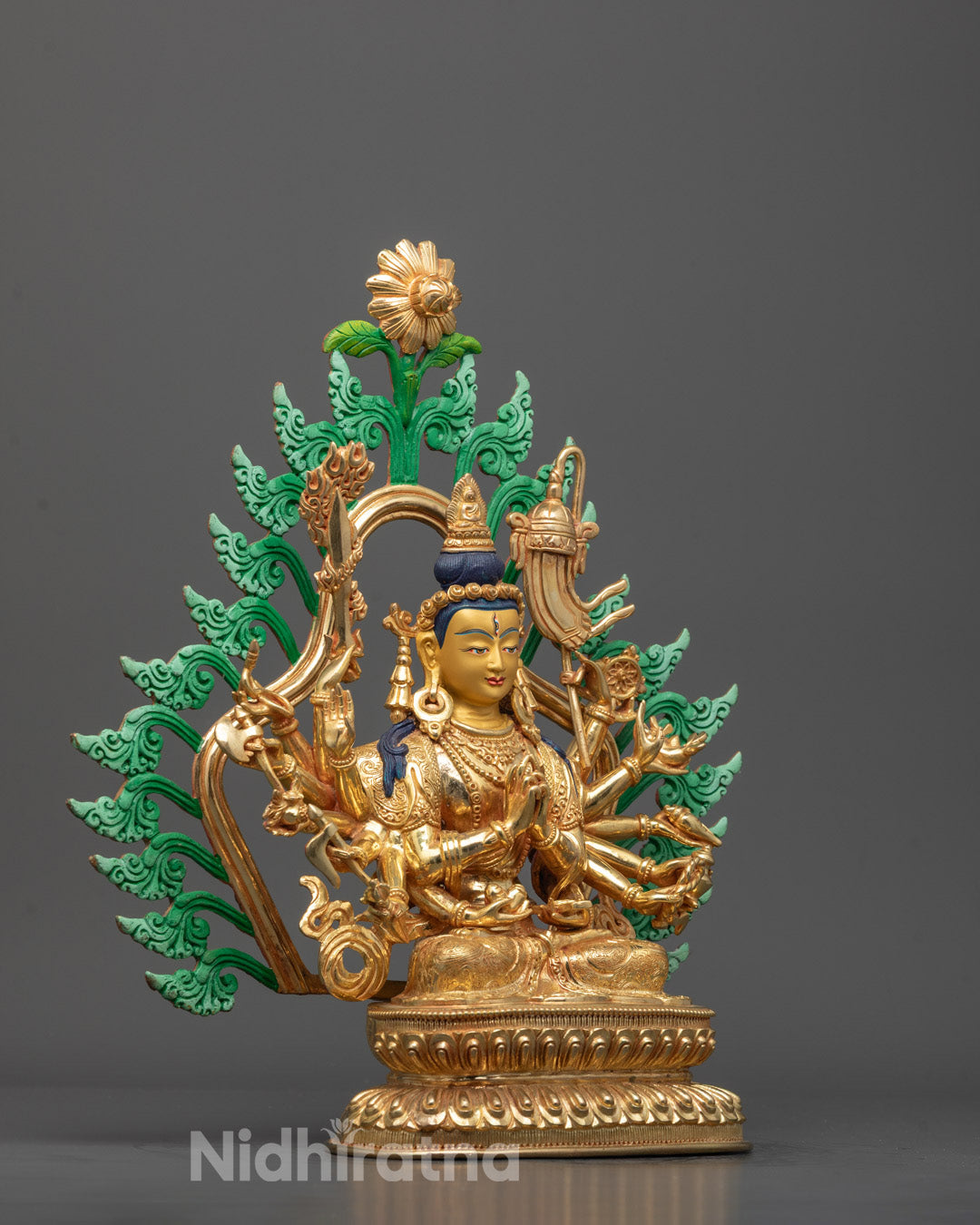 Side angle of Cundi Bodhisattva Sculpture highlighting intricate hand-carved ornaments
