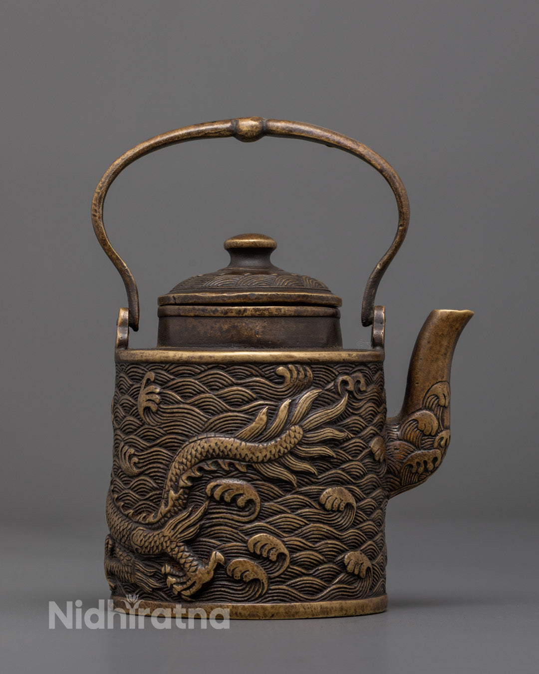 Side angle of Dragon Carved Premium Tea Pot showing detailed dragon design