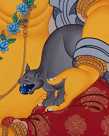 Side angle of Dzambhala Thangka highlighting mongoose and ornate lotus seat details