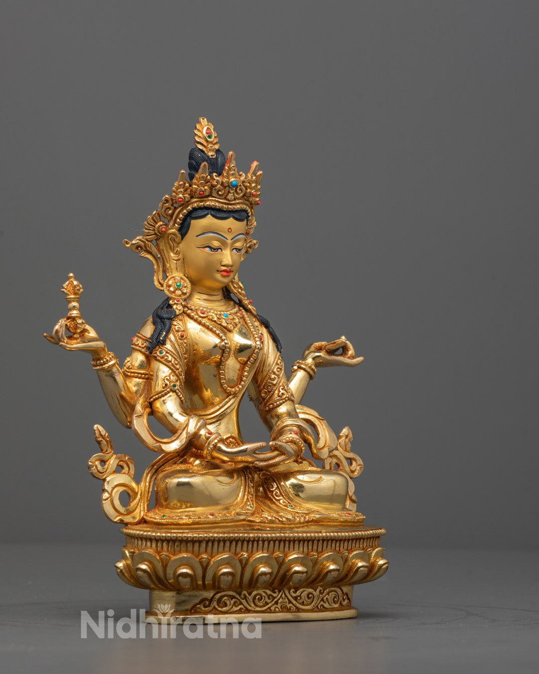Side angle of handcrafted Praja Paramita statue in dhyana mudra, Nepal artisan work