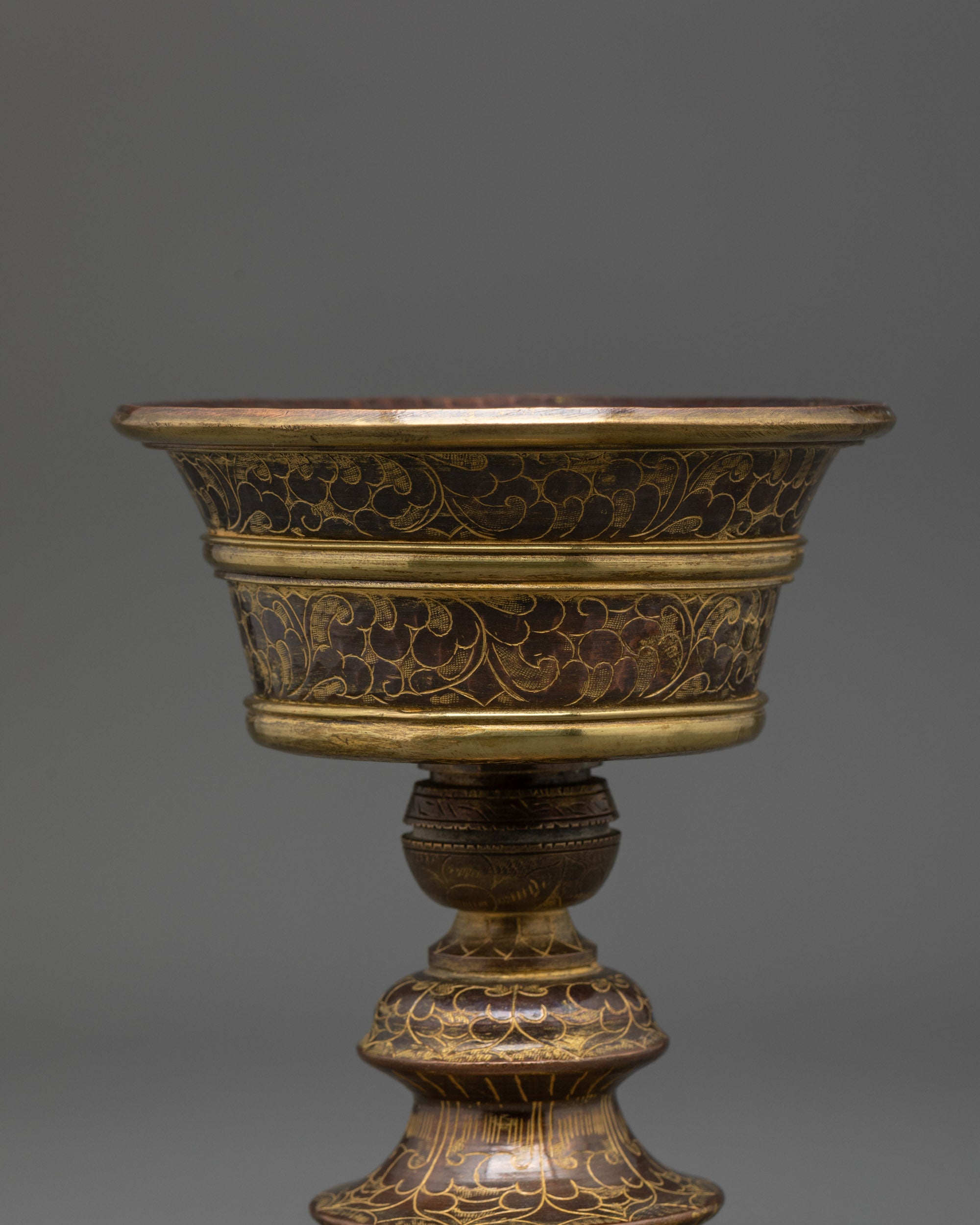 Side angle of handmade Copper Brass Gilded Butter Lamp for meditation altar