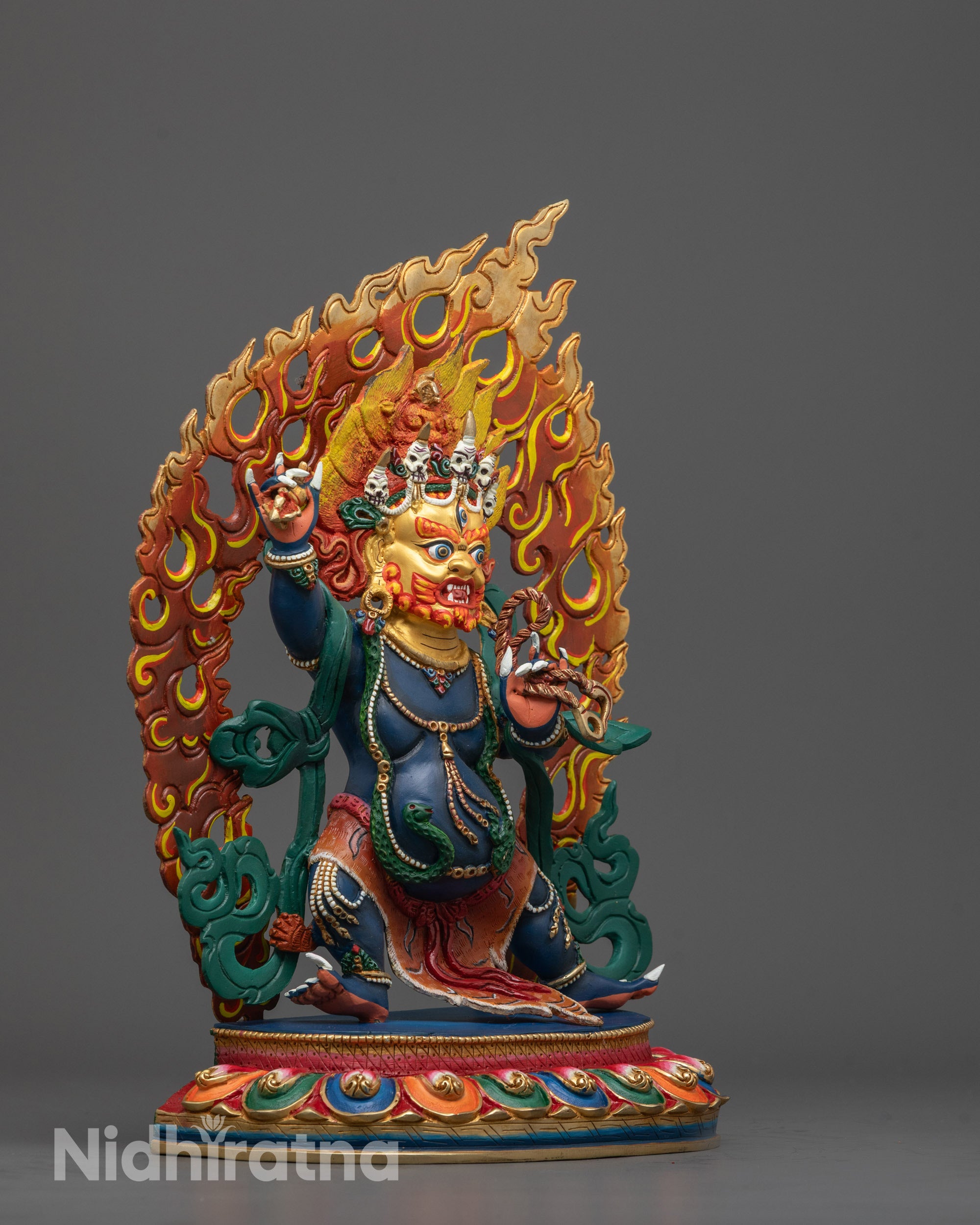 Side angle of premium copper Vajrapani Sculpture with vibrant blue body