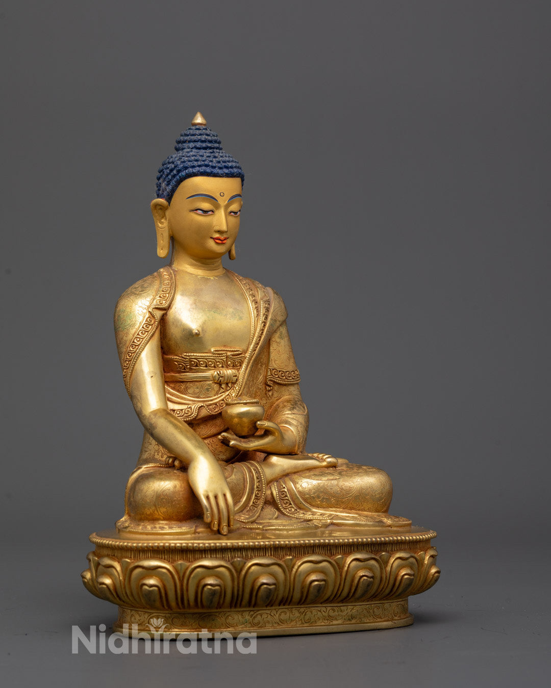 Side angle showing Begging Bowl and Bhumisparsha Mudra on premium Buddha statue