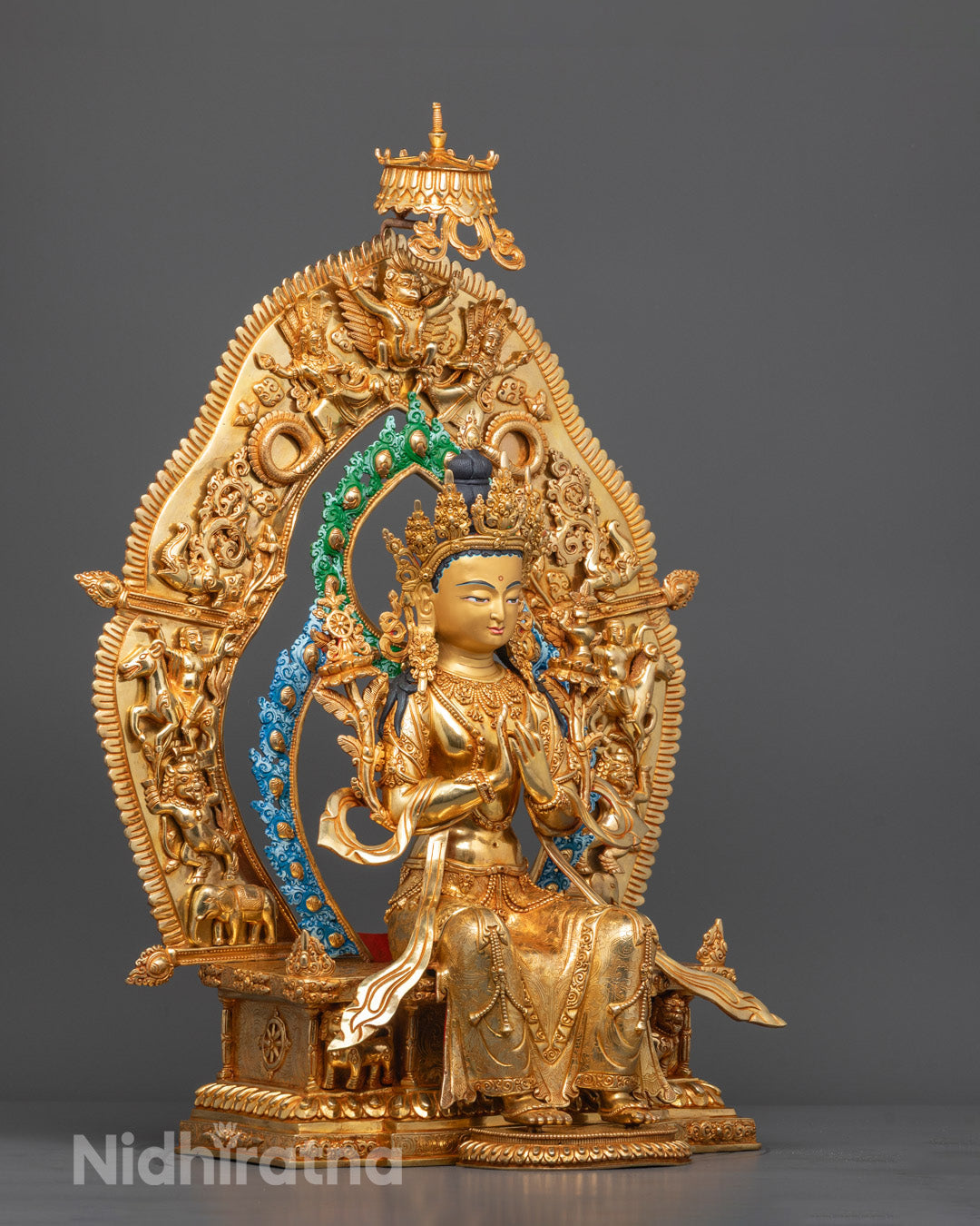 Side angle showing Dharma Chakra Mudra and hand-painted acrylic details on robe