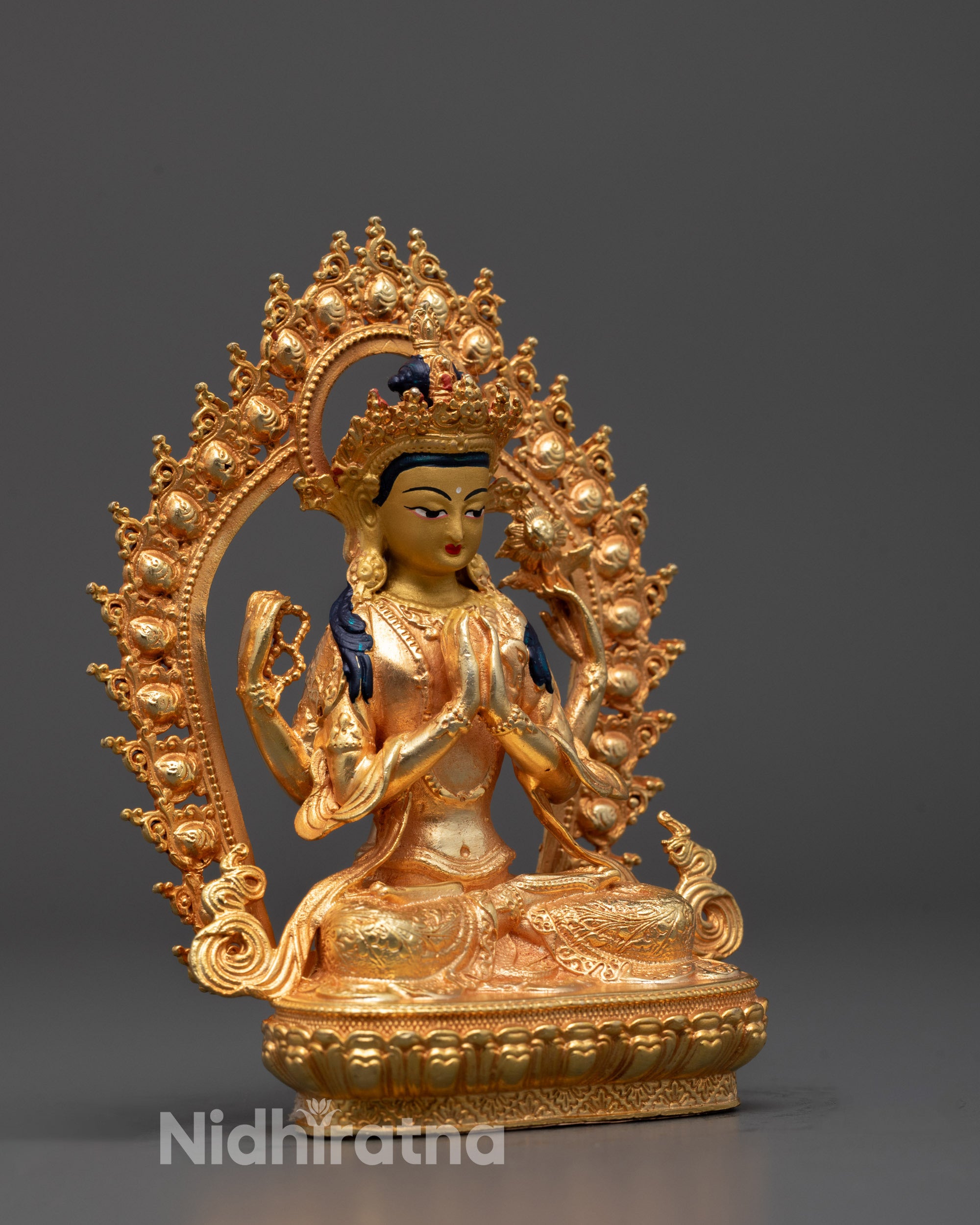 Side angle showing the luminous halo behind Chenrezig and the intricate craftsmanship
