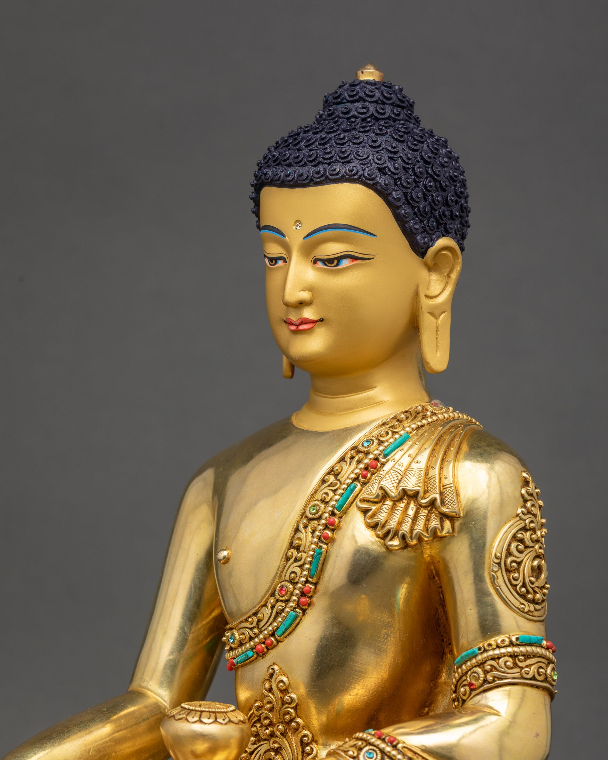 Side view of Buddha statue showing 3D carved kāṣāya robe and floral details