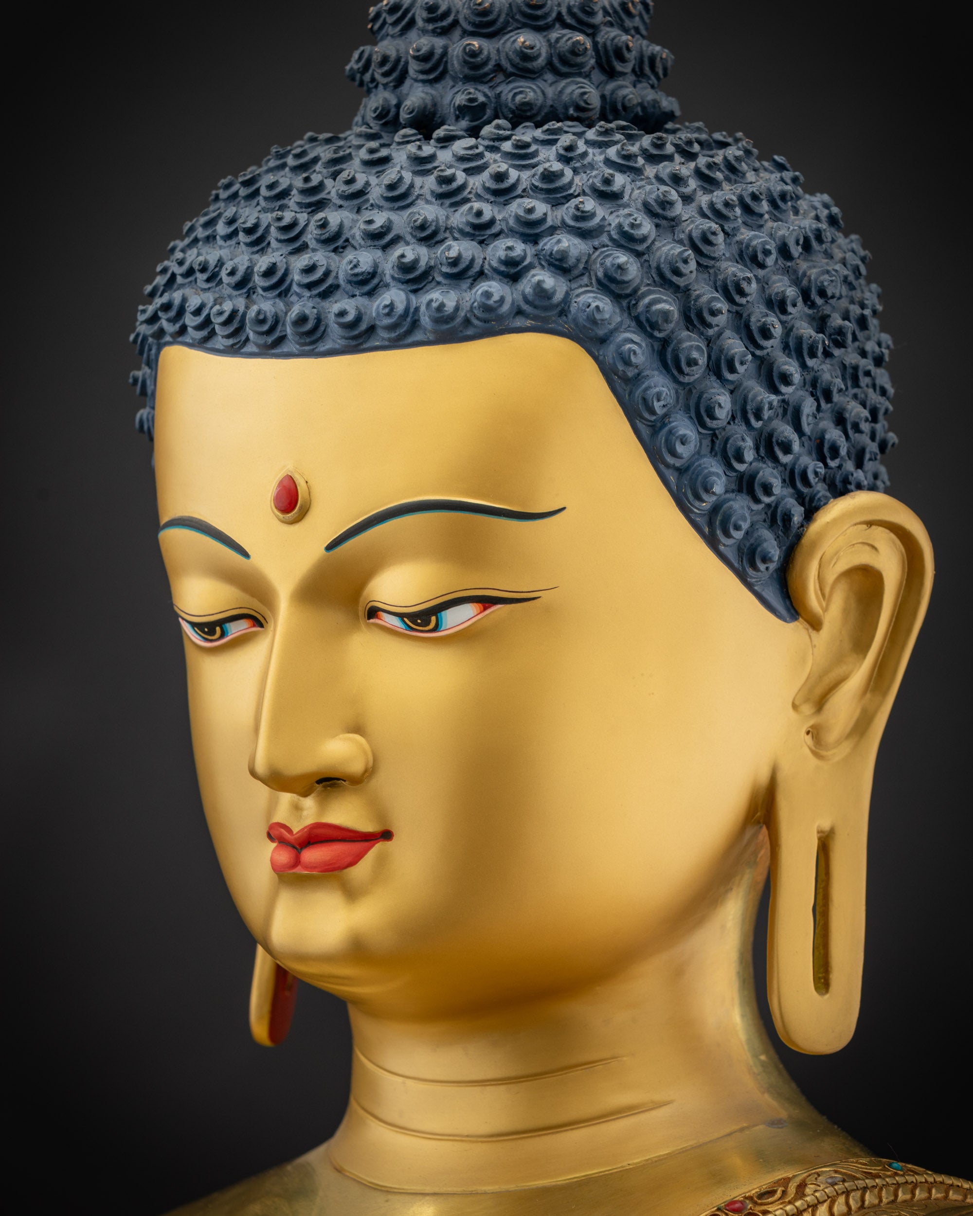 Side close up face Amitabha Buddha peaceful meditation decor statue