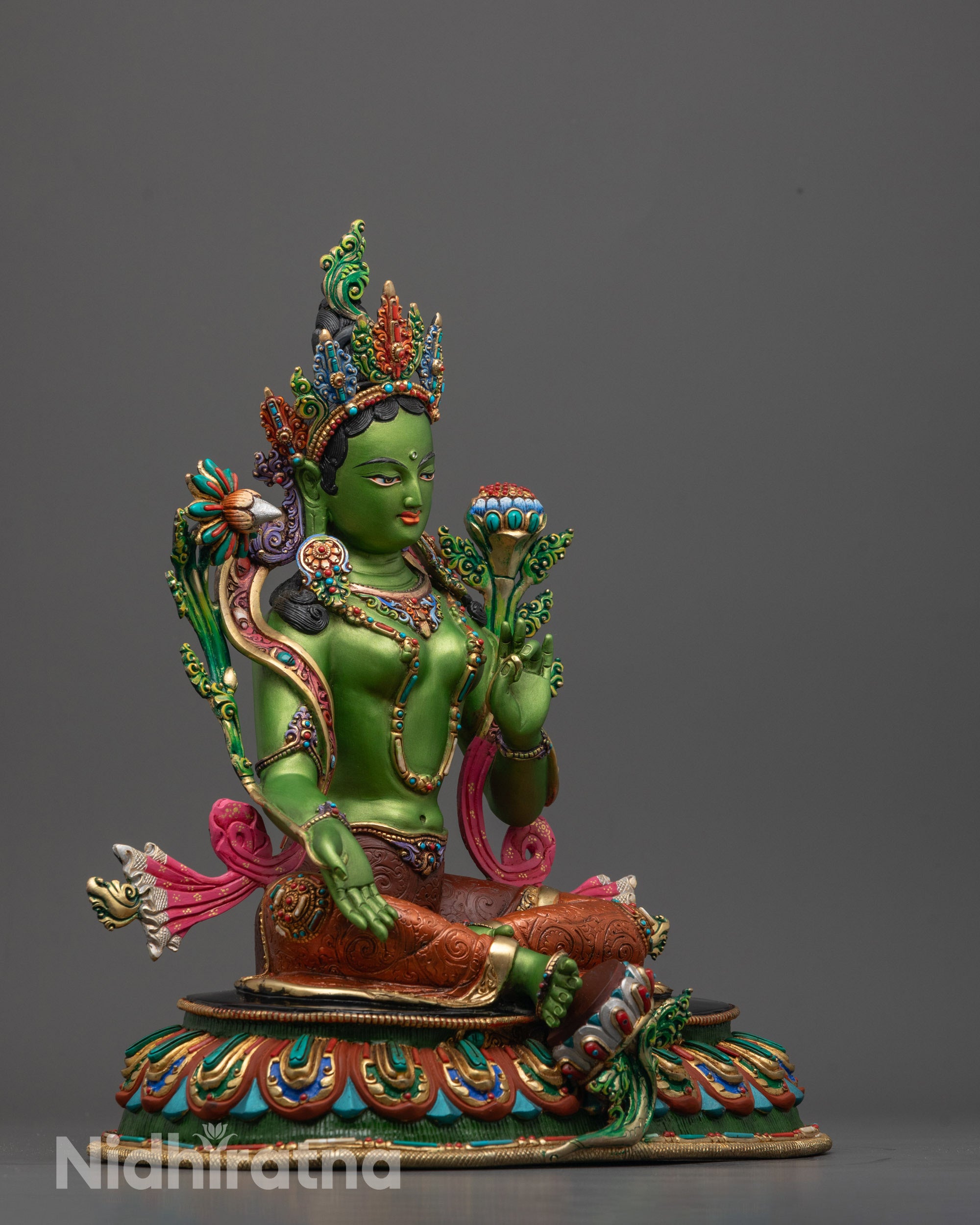 Side profile of Green Tara Statue showcasing intricate hand-carved details