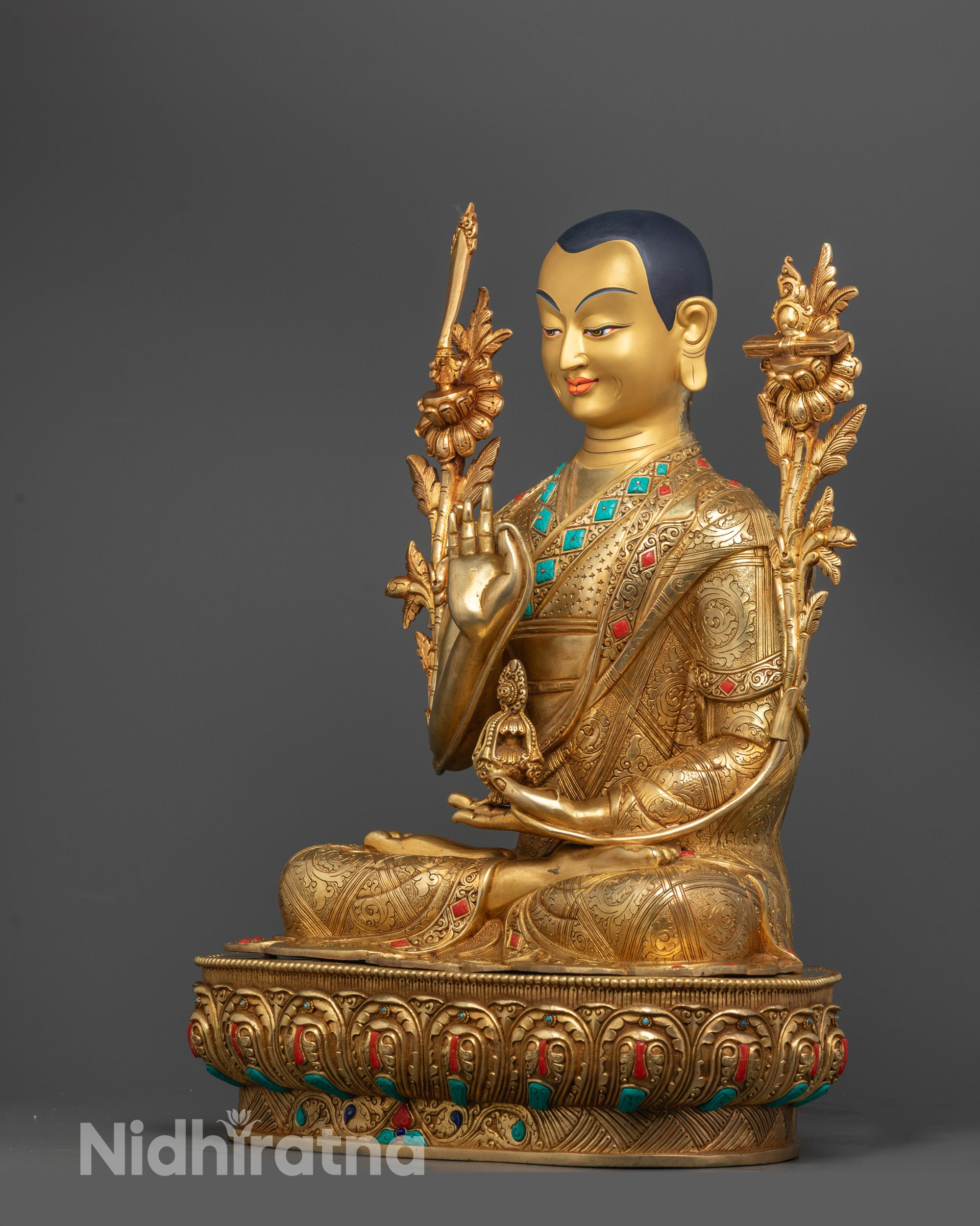 Side profile of Je Tsongkhapa Statue highlighting the golden 24k fire gilding