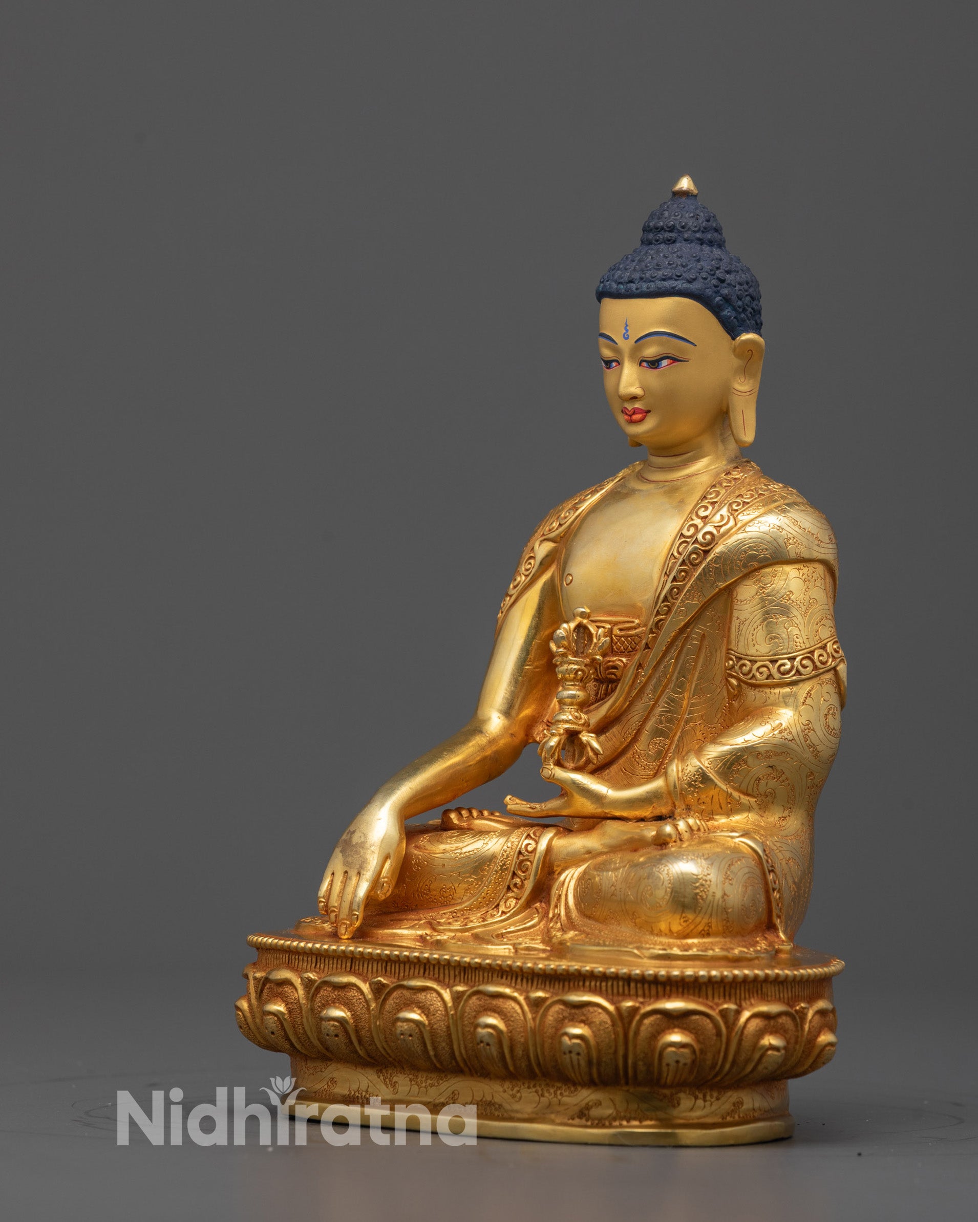 Side profile of wrathful Mitrugpa Buddha holding vajra in Bhumisparsa Mudra