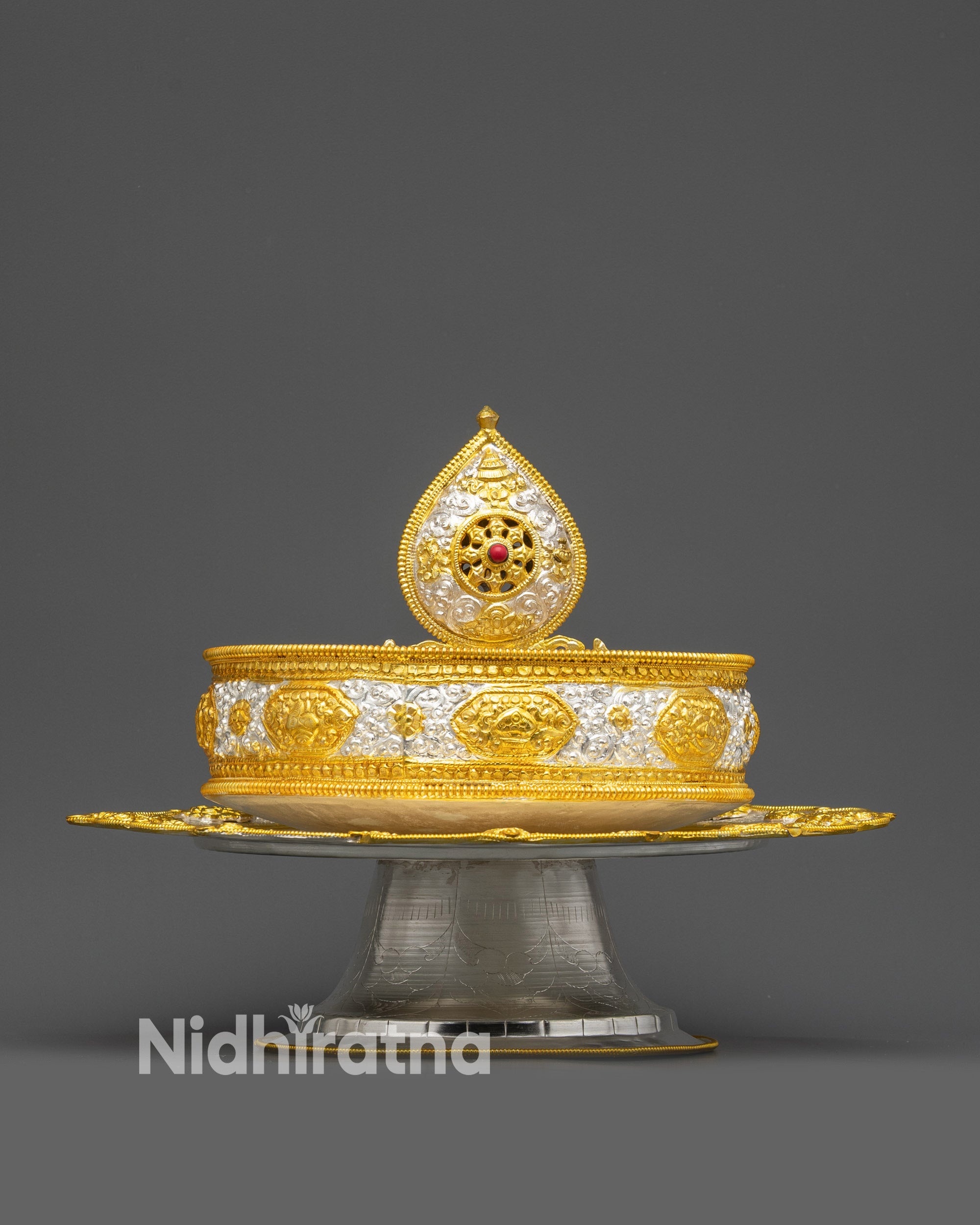 Side view 8-inch Handmade Tibetan Mandala on smooth uplifting pedestal