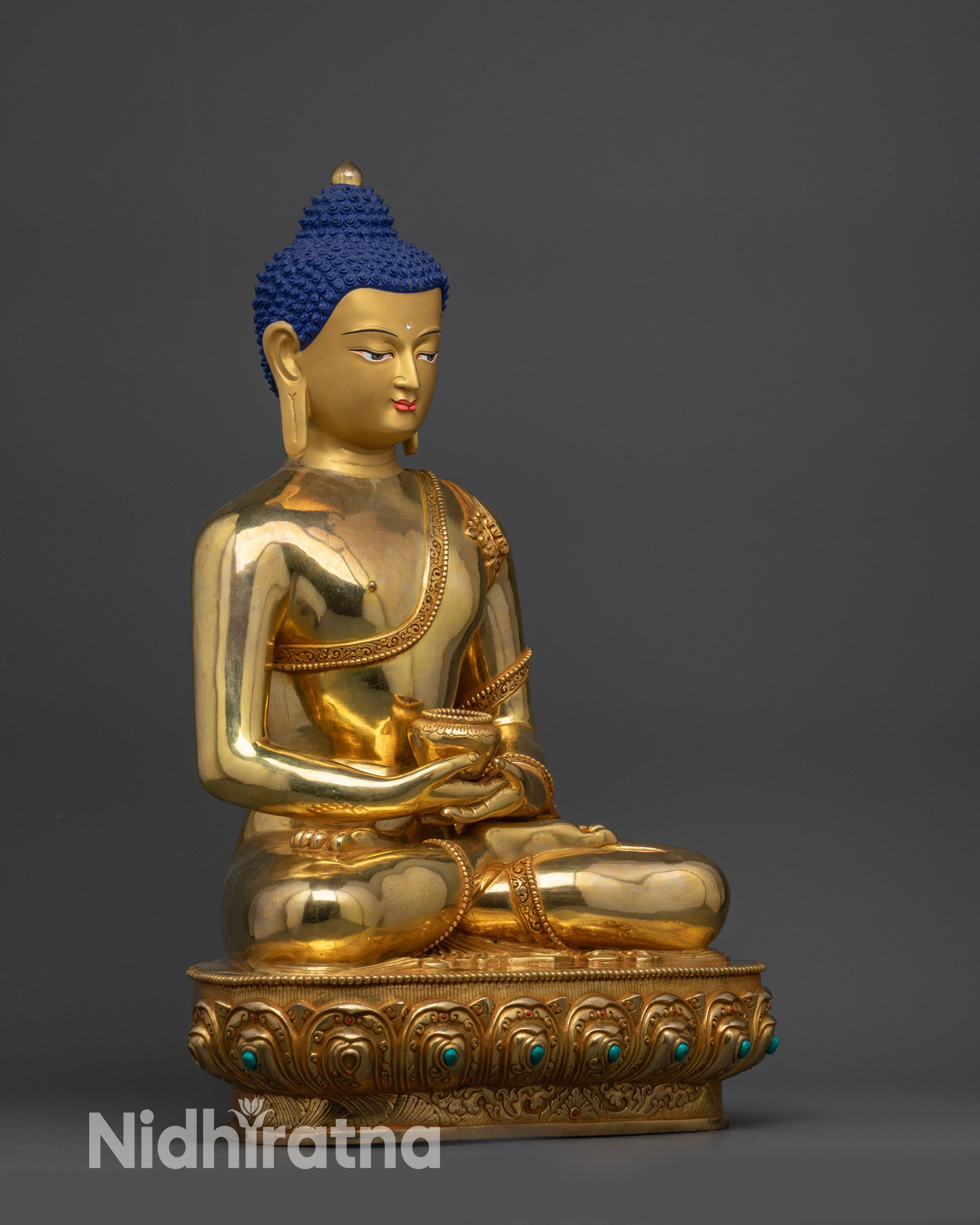 Side view Amida Nyorai Buddha sculpture holding monk’s bowl in meditation mudra