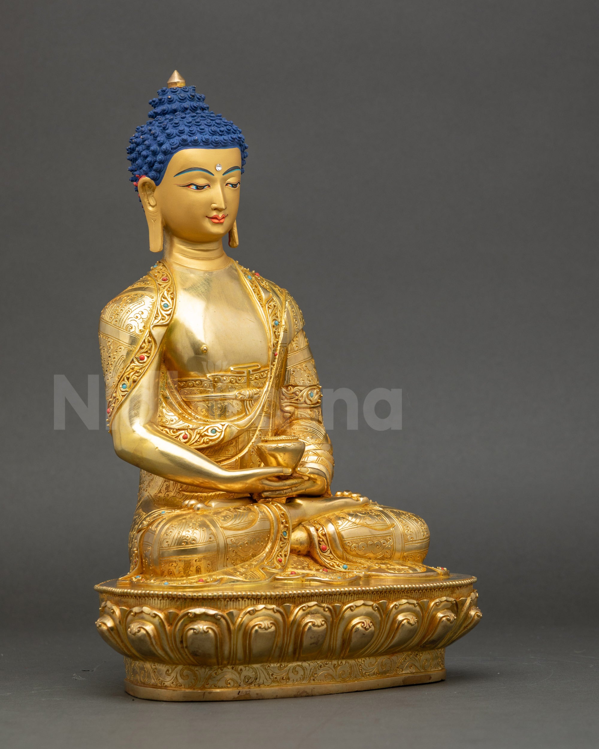 Side view Amitayus Buddha holding monk bowl on lotus seat