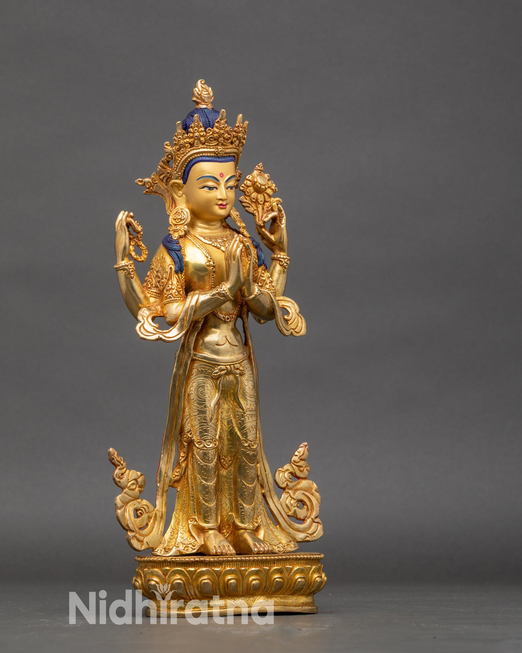 Side view Avalokiteshvara holding Utpala flower lotus seat Tibetan sculpture
