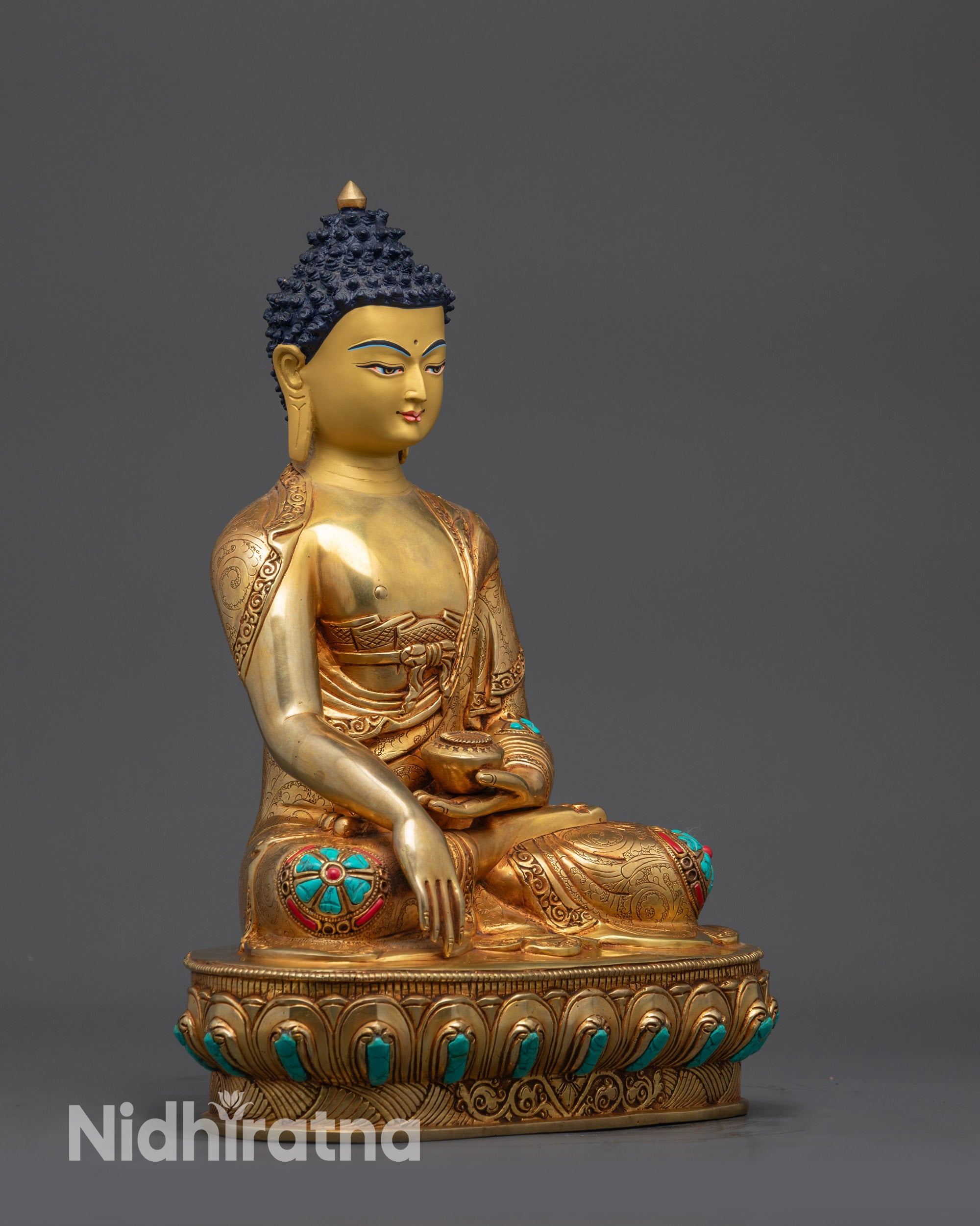 Side view Buddha Shakyamuni sculpture with alms bowl and bhumisparsha mudra details