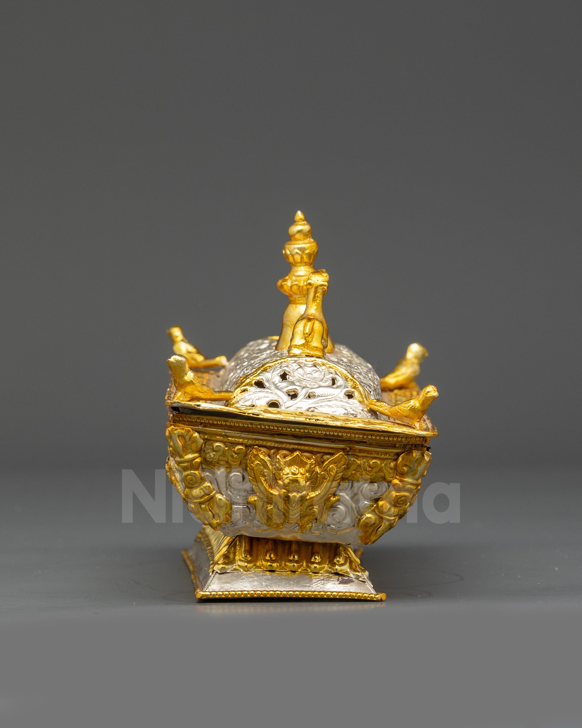 Side view Buddhist incense burner with Garuda and vajra carvings, handmade copper ritual burner Nepal
