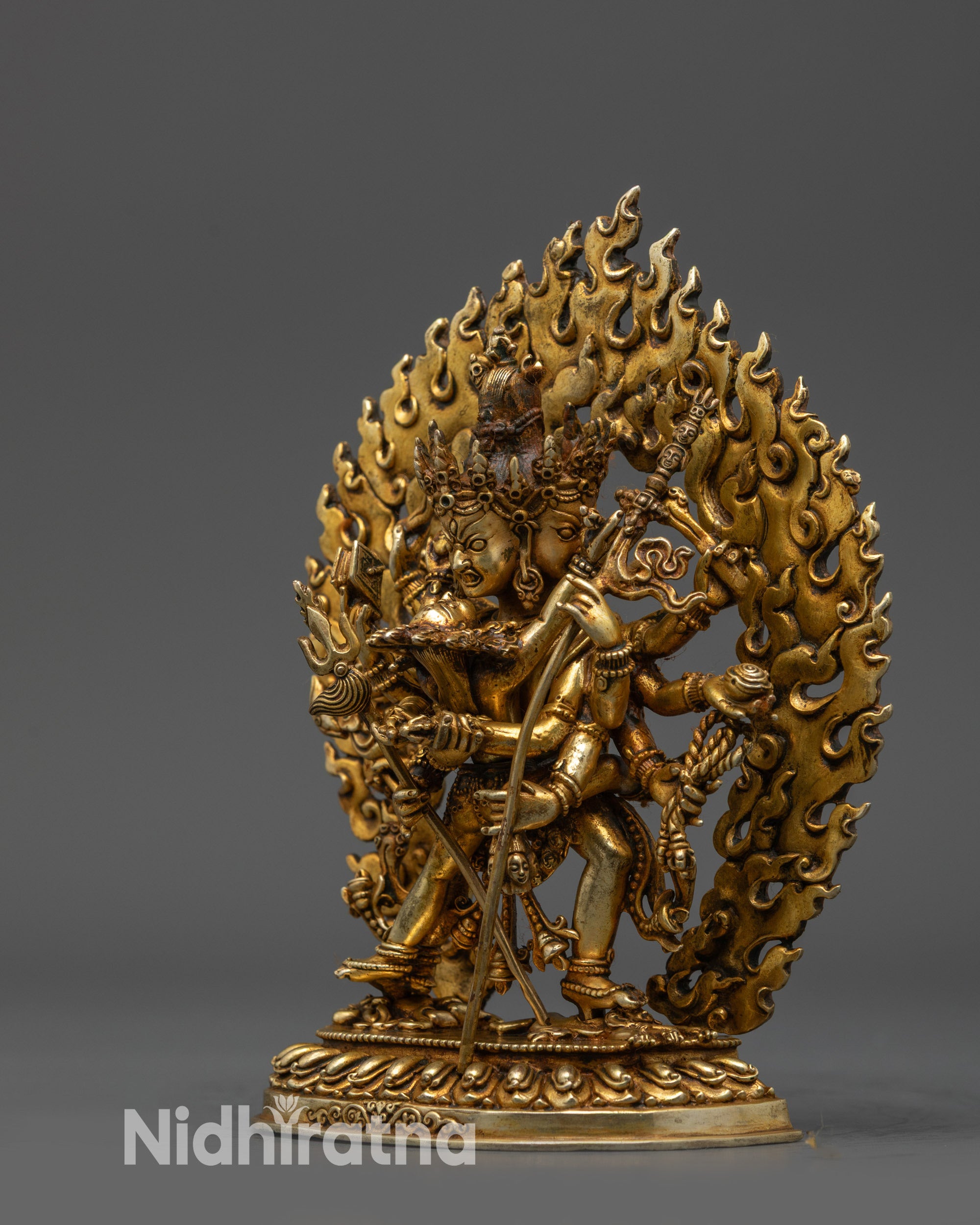 Side view Chakrasamvara with twelve arms holding ritual implements, halo visible